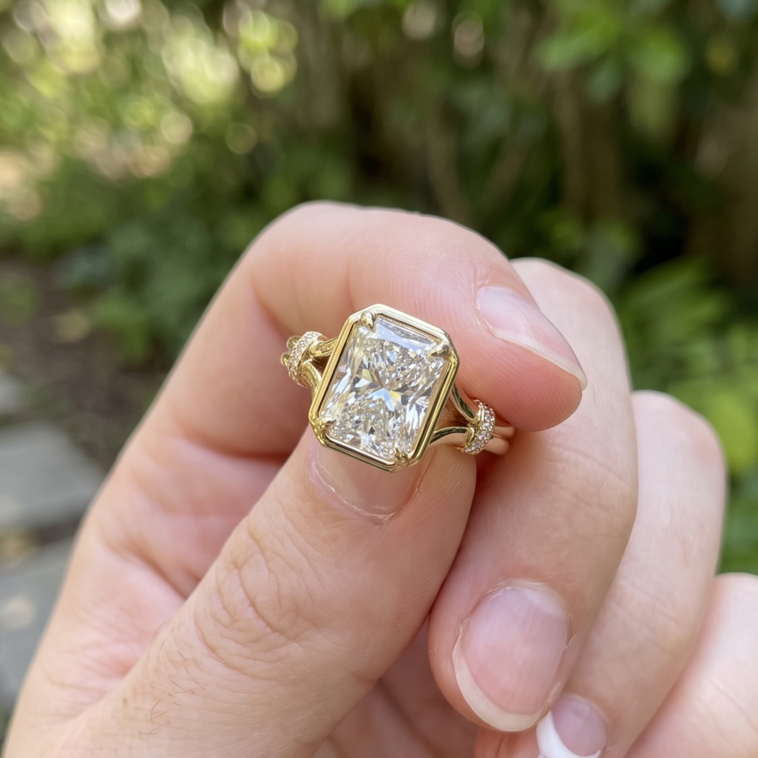 Regal Arc 2.12 CTW radiant diamond ring by Kiashaa Jewellery in polished yellow gold.