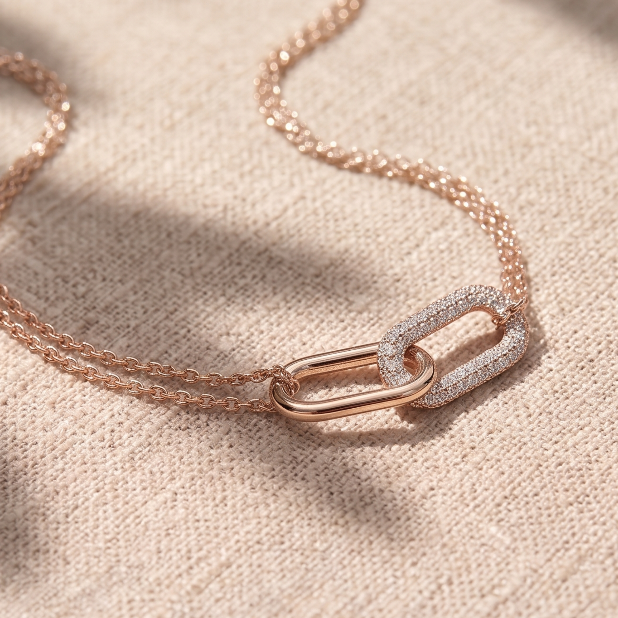 Eternal Link 0.40 CTW diamond necklace by Kiashaa Jewellery featuring interlocking elongated links in yellow gold.