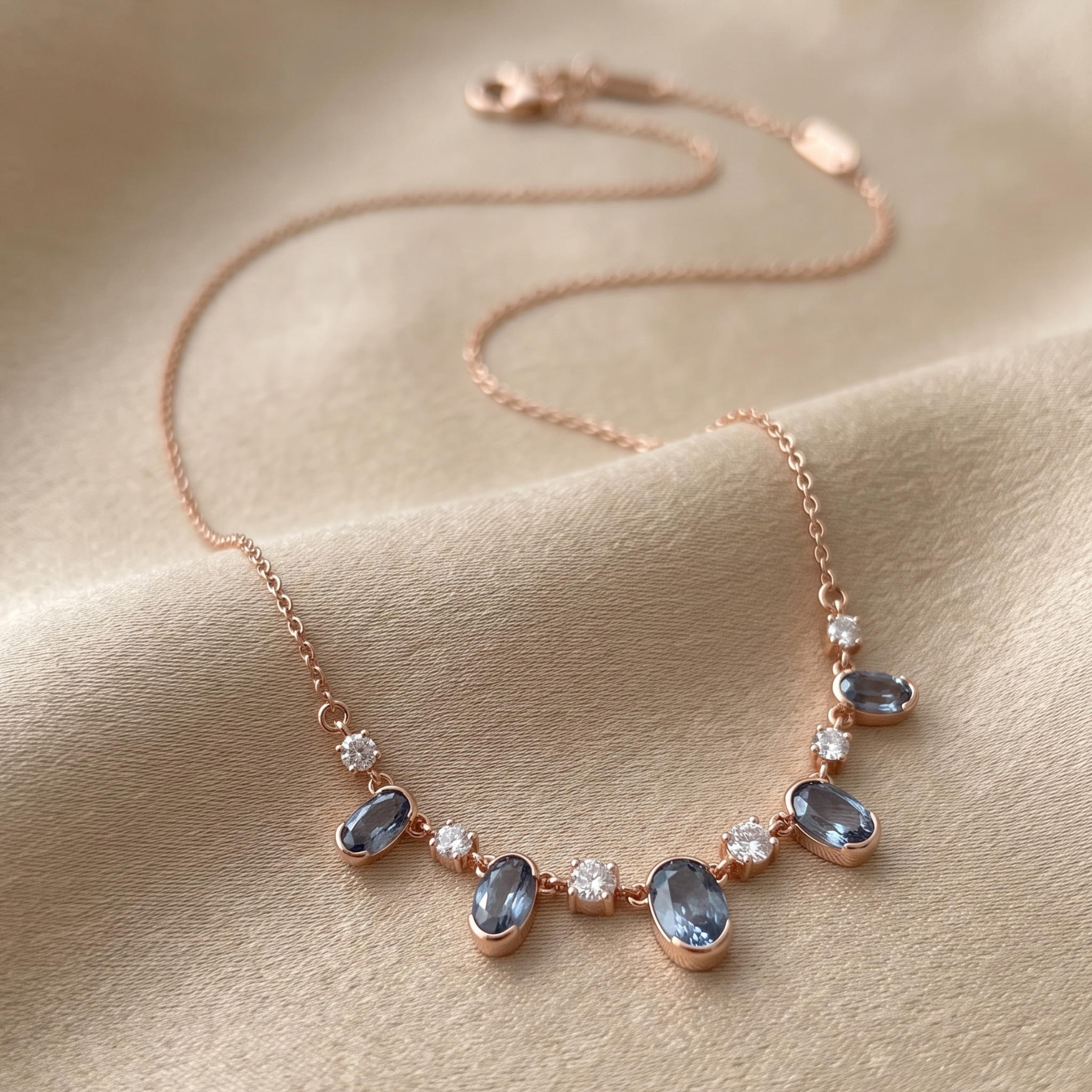 4.20 CTW oval and round diamond station necklace in polished yellow gold.