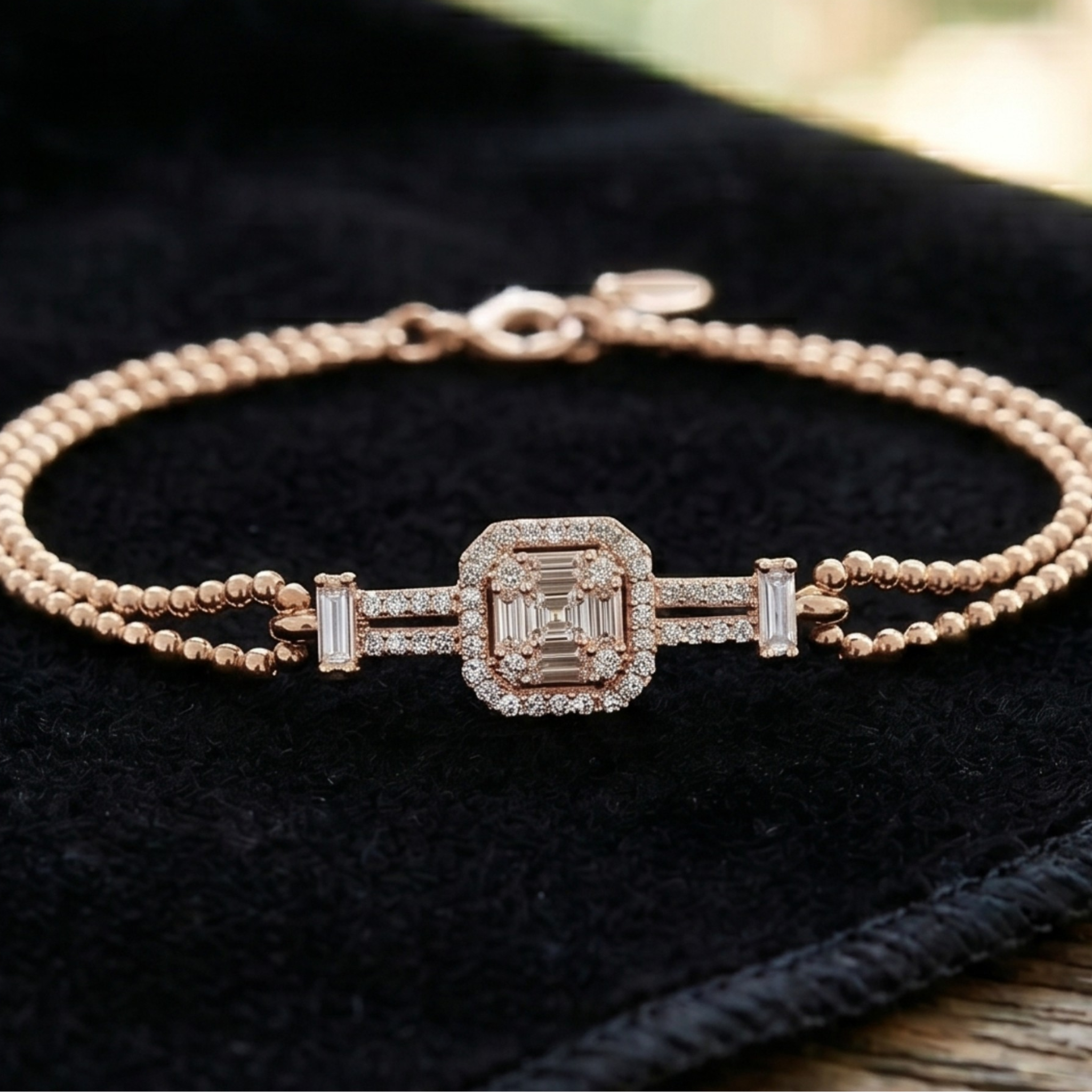 0.60 CT geometric baguette diamond bracelet in rose gold by Kiashaa Jewellery worn on the wrist.