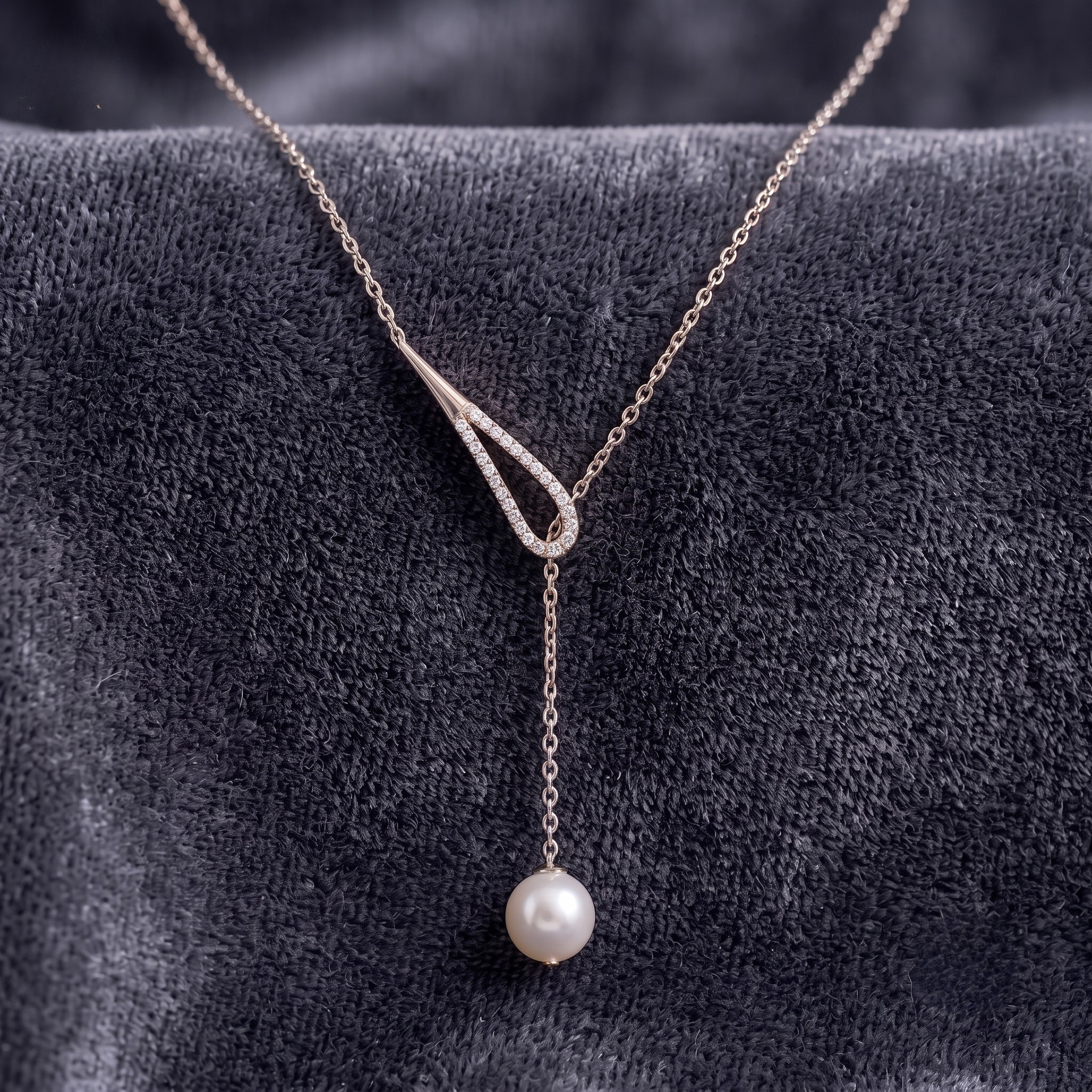 A delicate Y-shaped necklace with a white pearl pendant, displayed on a textured dark gray velvet surface. The necklace features a fine silver-toned chain with a split V-design, where one side is a simple loop and the other is adorned with small clear stones, culminating in a single drop chain ending in a round white pearl.
