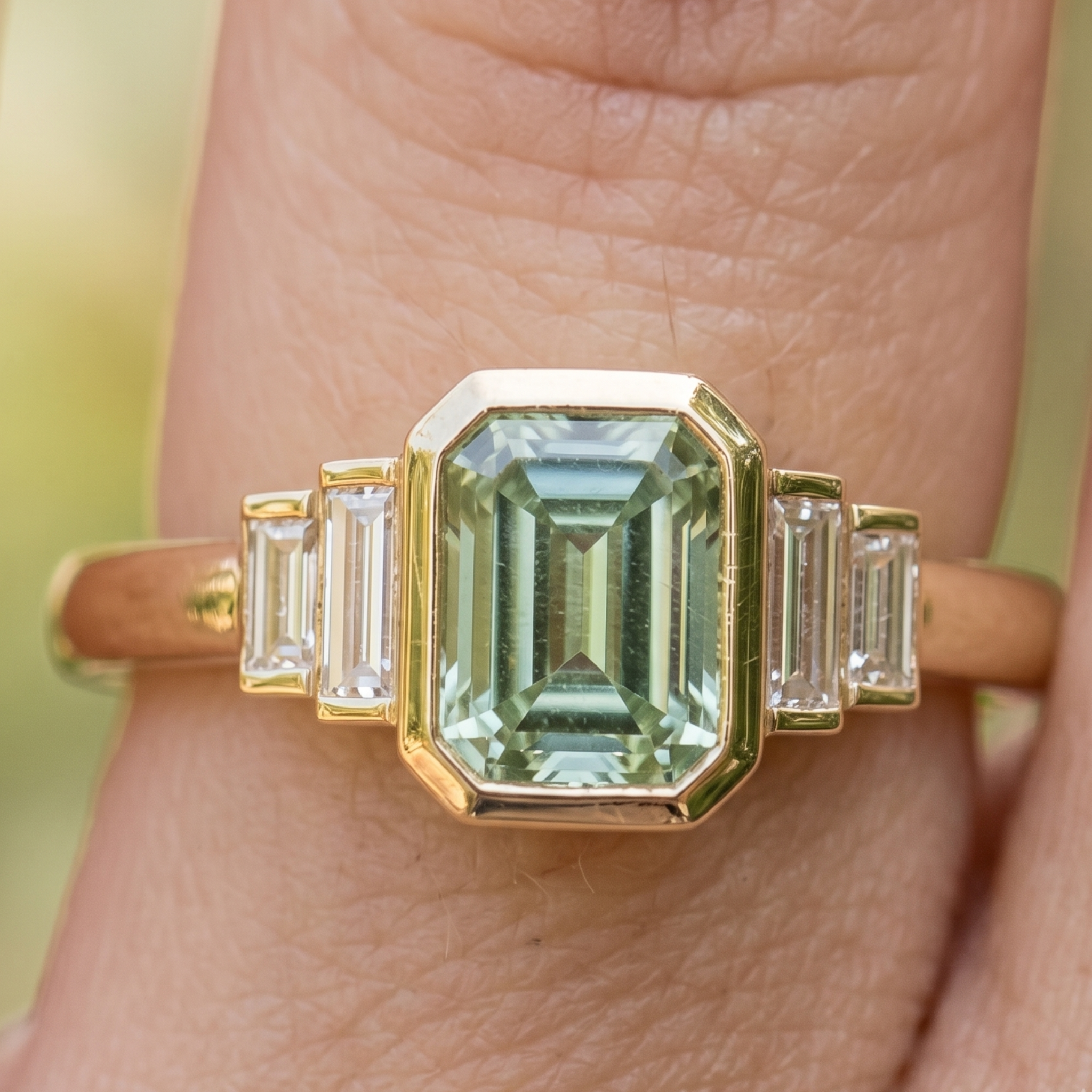Kiashaa Jewellery 2.13 CTW green emerald and baguette diamond ring in polished yellow gold.