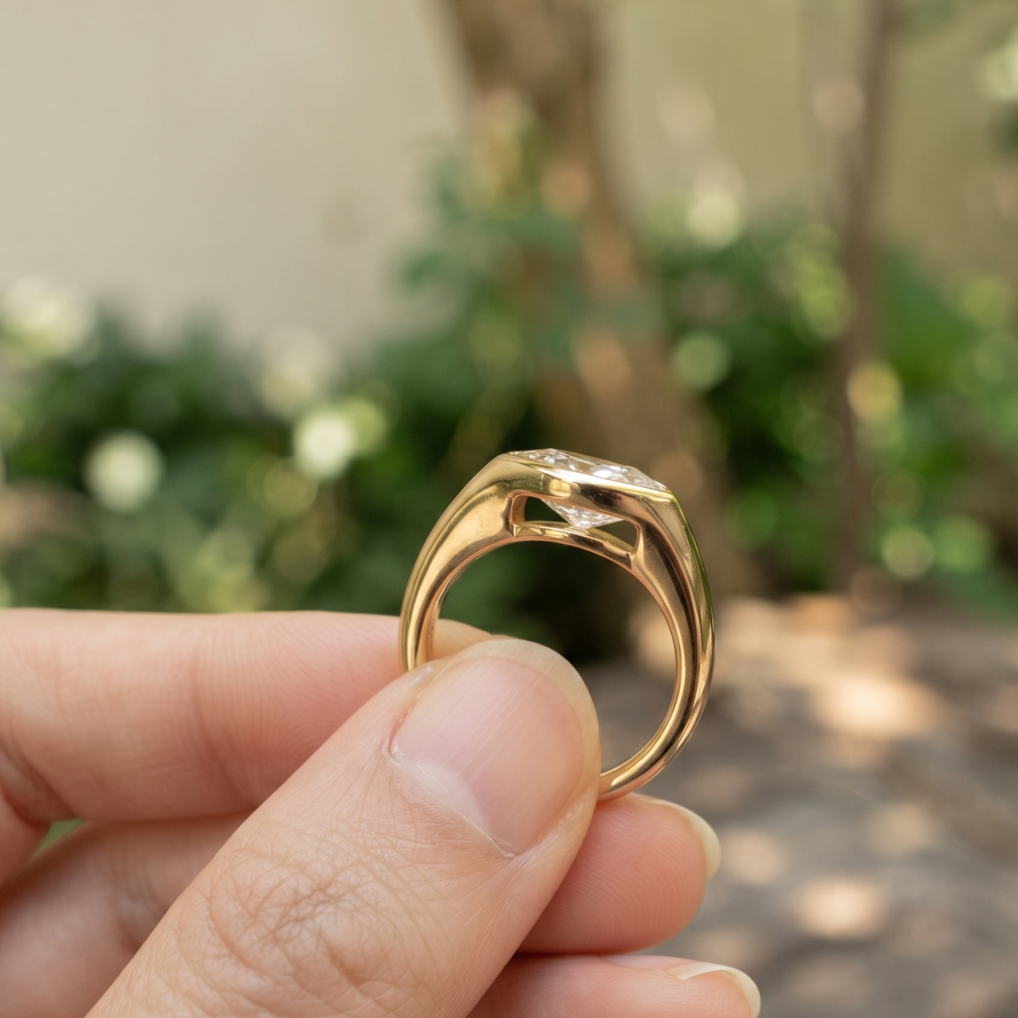 Kiashaa Jewellery 1.76 CT marquise bezel diamond ring in polished yellow gold.