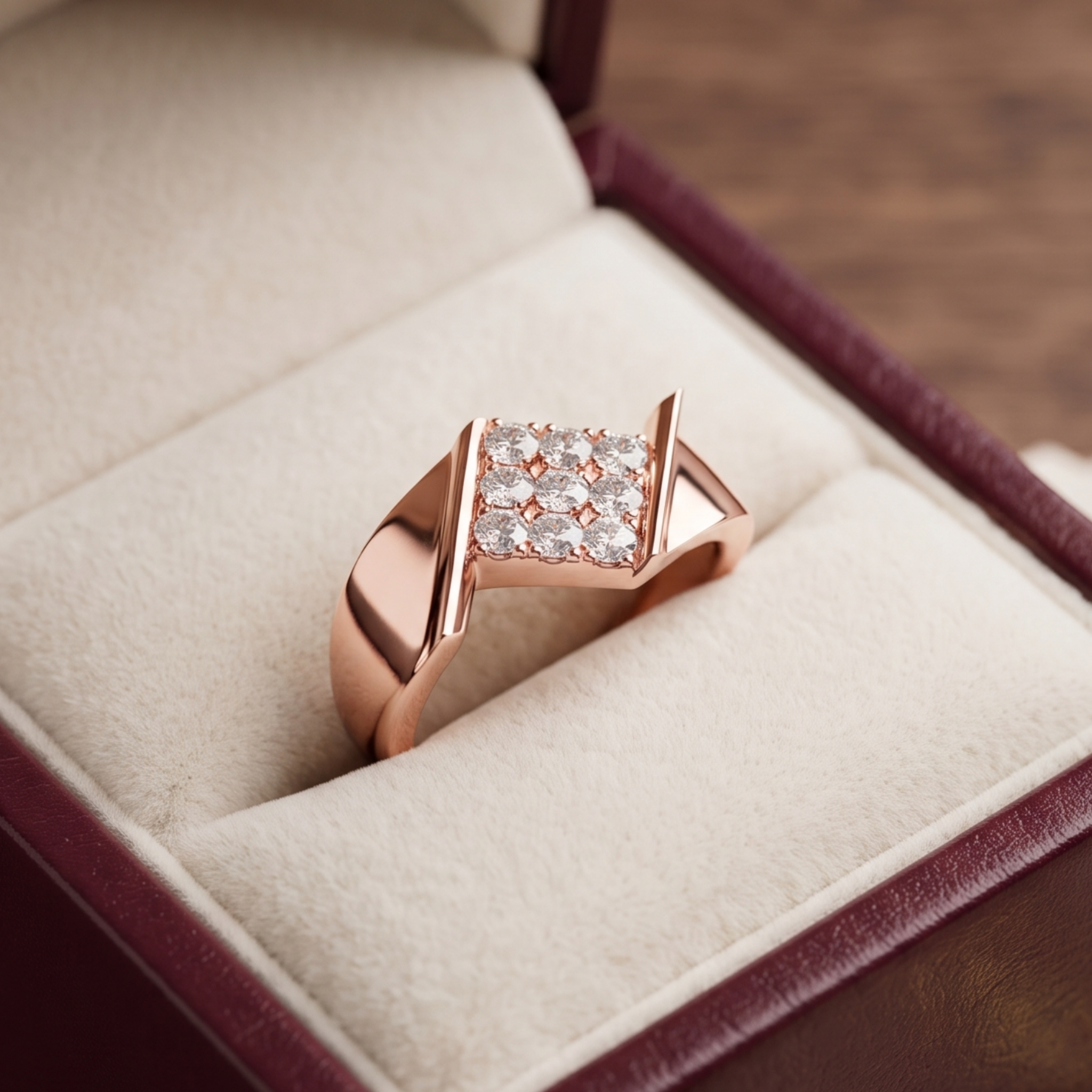 Bridal diamond engagement ring with a graceful band profile on a soft ivory background by Kiashaa Jewellery