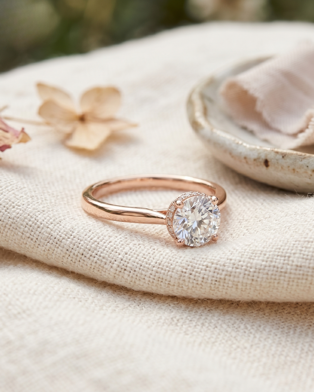 Close-up of a round lab-grown diamond engagement ring by Kiashaa Jewellery with a high-polish rose gold band.