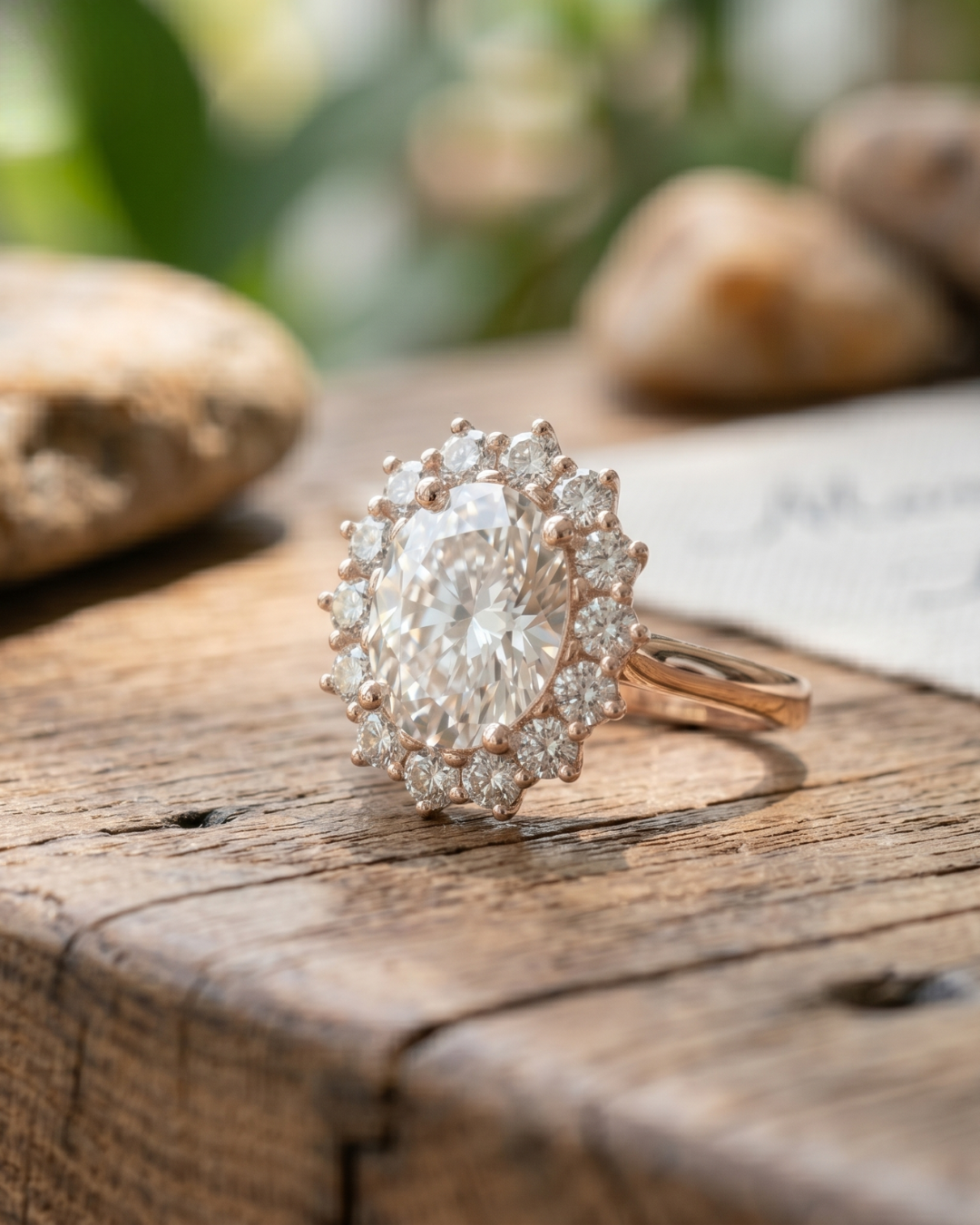 Close-up of an oval lab-grown diamond halo ring by Kiashaa Jewellery with round accents and polished rose gold.