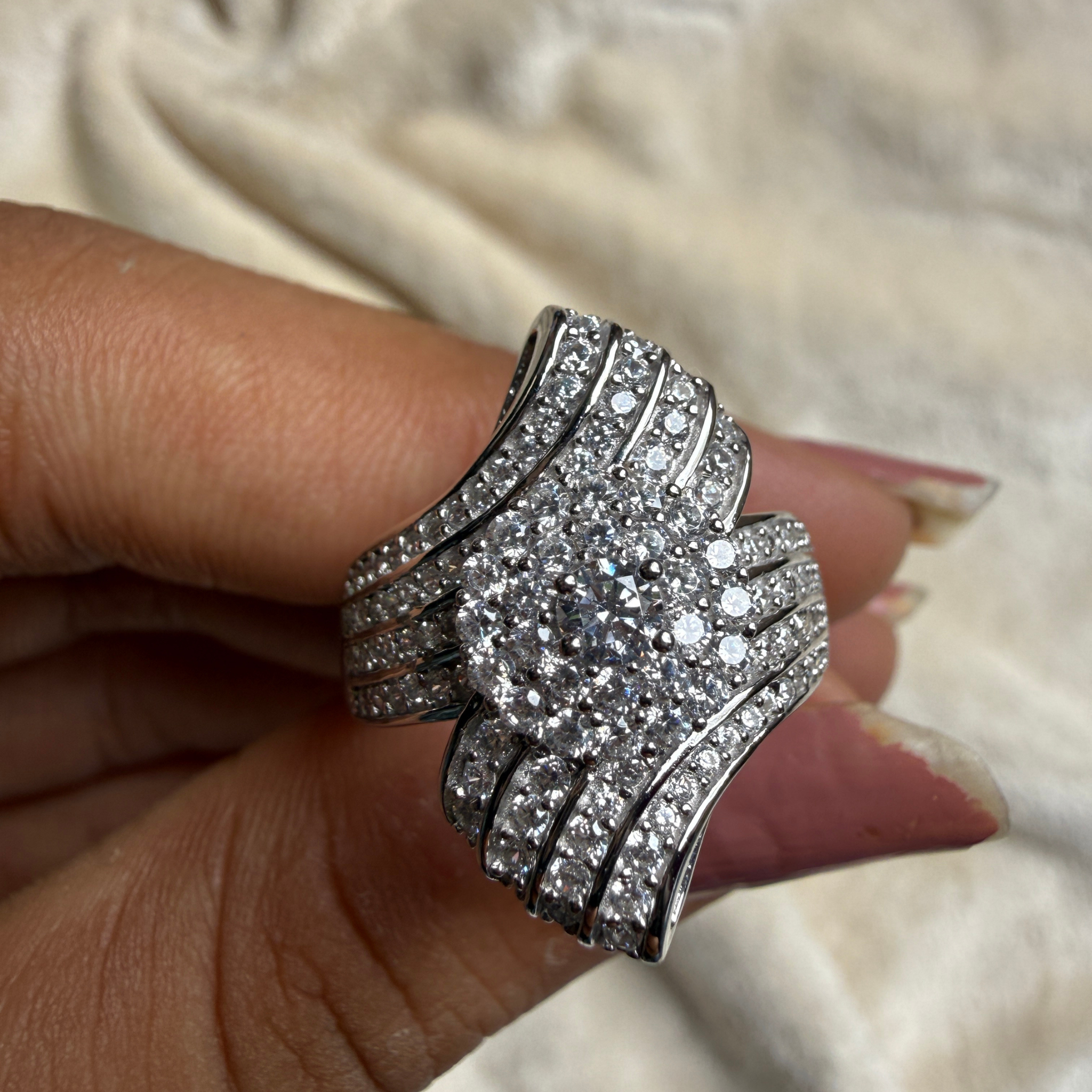 Round lab-grown diamond multi-row statement ring by Kiashaa Jewellery.