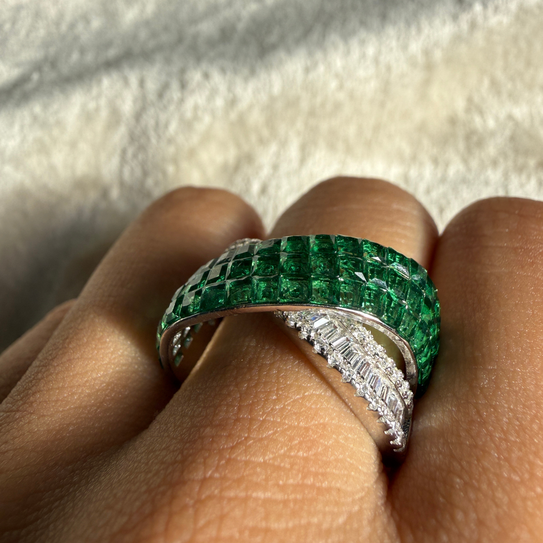 Green CZ and lab-grown diamond bypass statement ring by Kiashaa Jewellery.