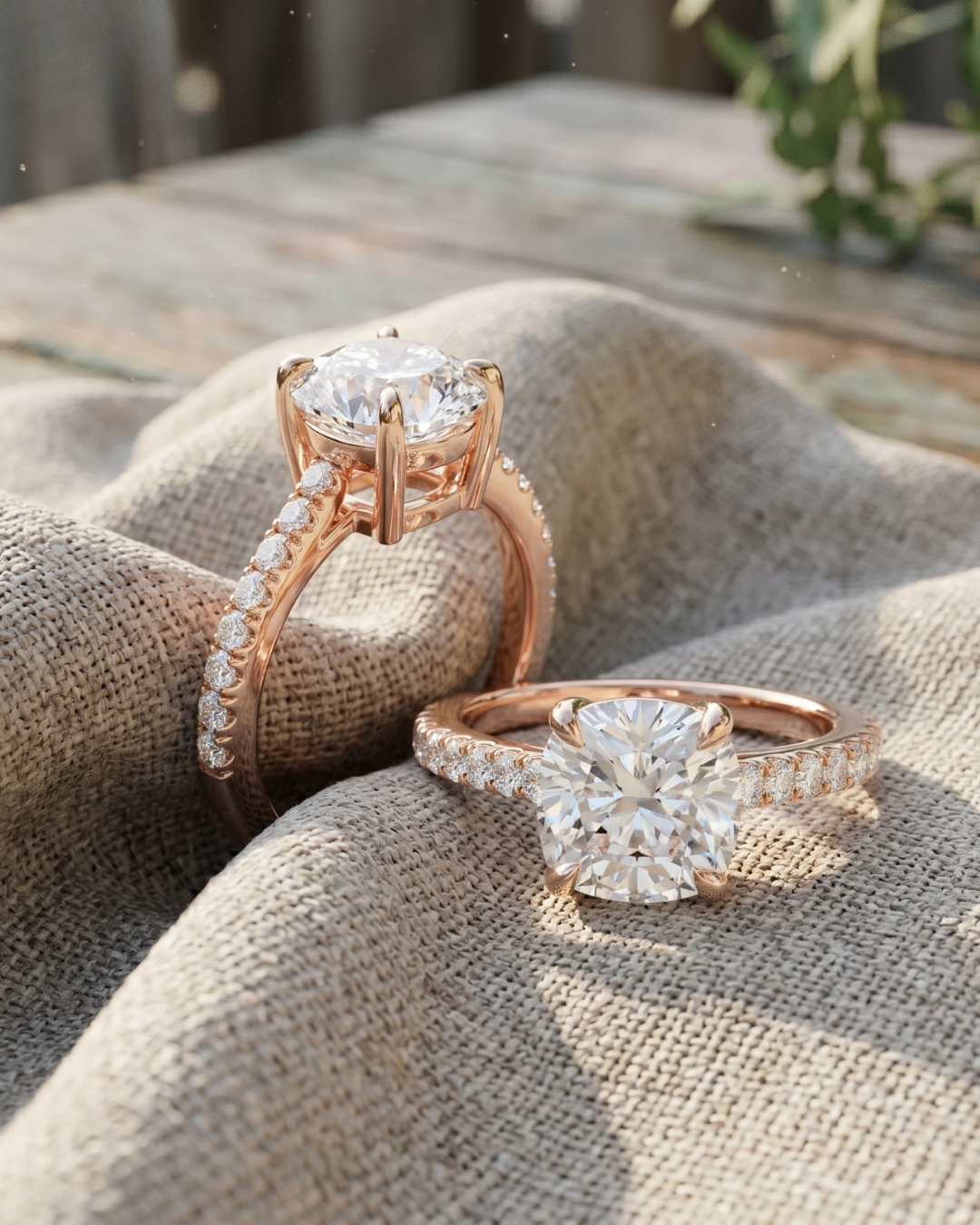 Close-up of 2.304 CT cushion diamond ring with diamond accent band.