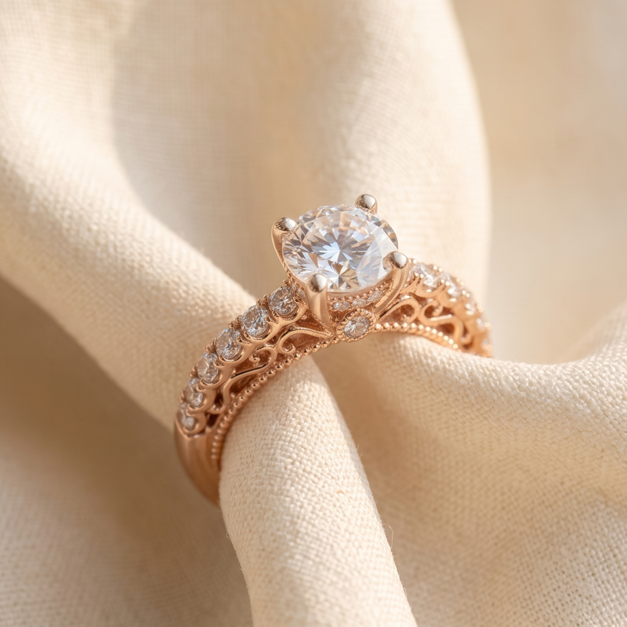 Kiashaa Jewellery 2.524 CTW vintage round diamond engagement ring in polished rose gold.