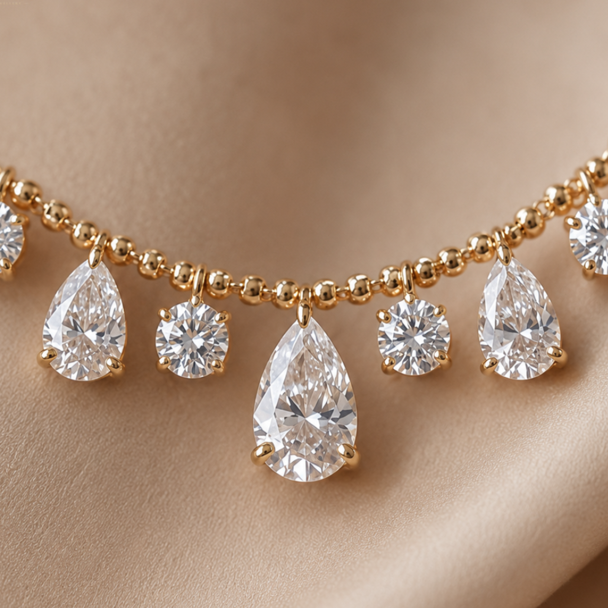 Gold-tone beaded necklace with pear-shaped and round clear gemstones, displayed on a soft beige fabric background.