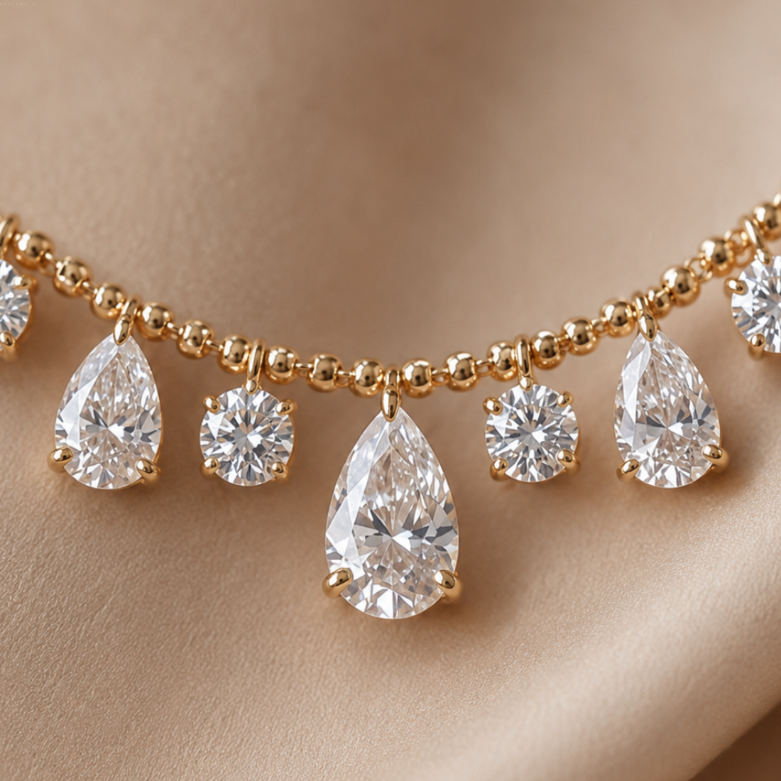 Gold-tone beaded necklace with pear-shaped and round clear gemstones, displayed on a soft beige fabric background.