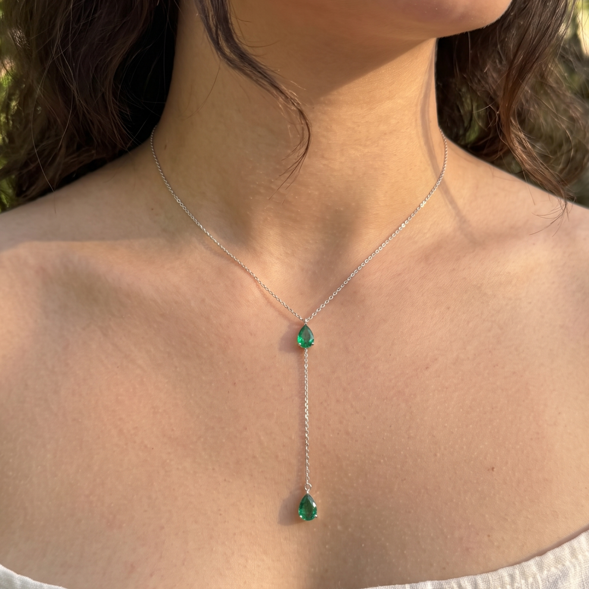 Emerald Drop 1.50 CTW pear gemstone Y-necklace by Kiashaa Jewellery with two 7 × 5 mm green pear stones.