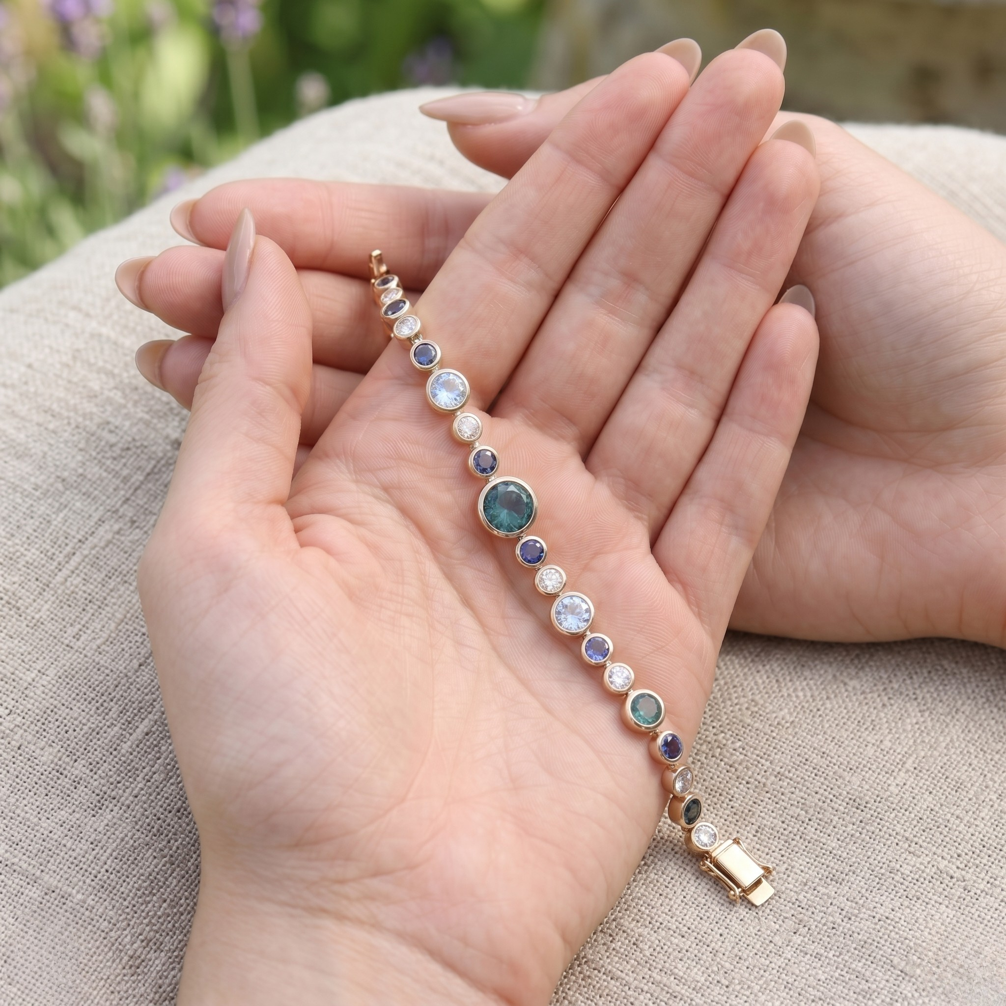 Rainbow bracelet featuring a continuous row of vibrant round gemstones.