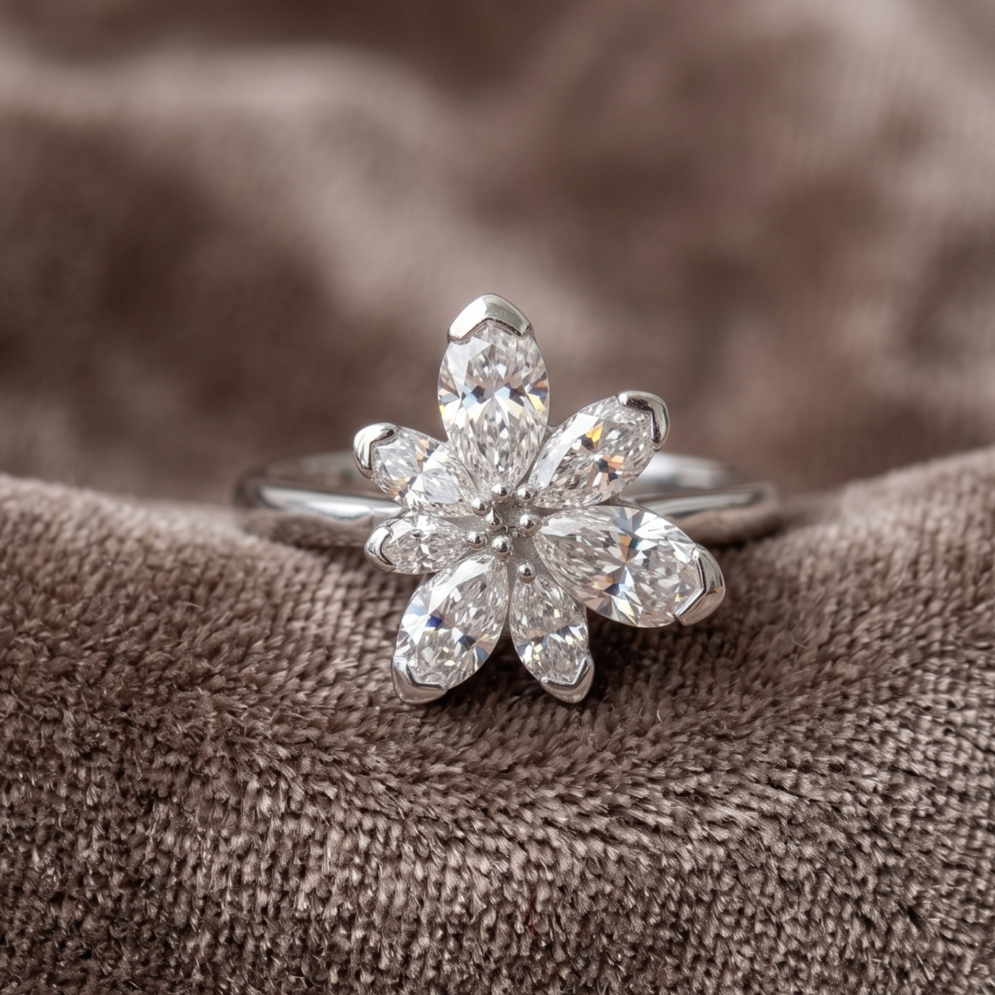 Élan Bloom 2 CTW pear diamond flower ring by Kiashaa Jewellery featuring approximately seven pear-shaped diamond petals.