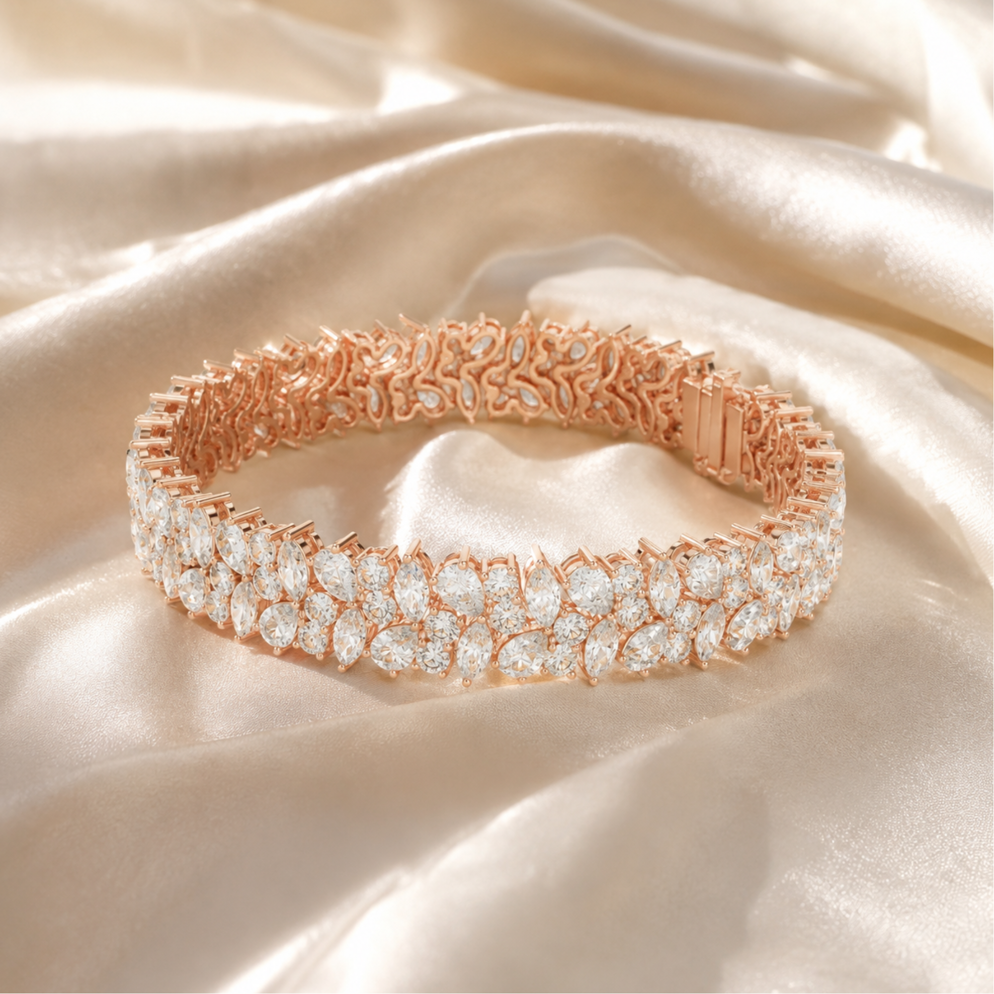 Rose gold tennis bracelet with all mixed cut clear stones, displayed on draped champagne satin fabric.
