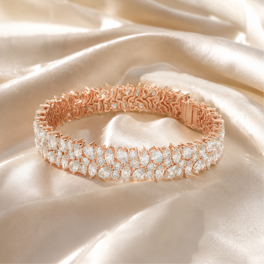 Rose gold tennis bracelet with all mixed cut clear stones, displayed on draped champagne satin fabric.