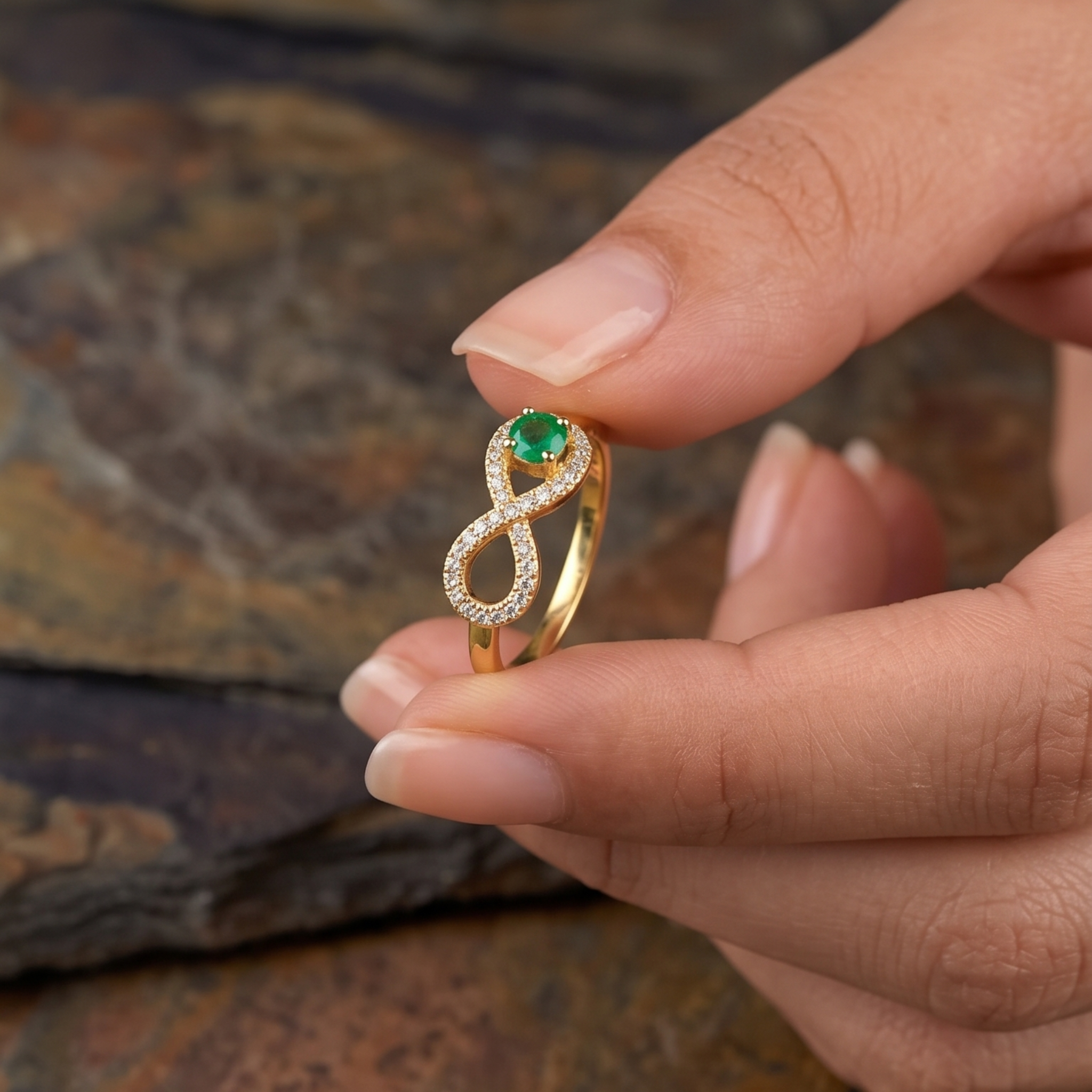 Luxury infinity ring featuring a 0.20 carat round green center diamond.