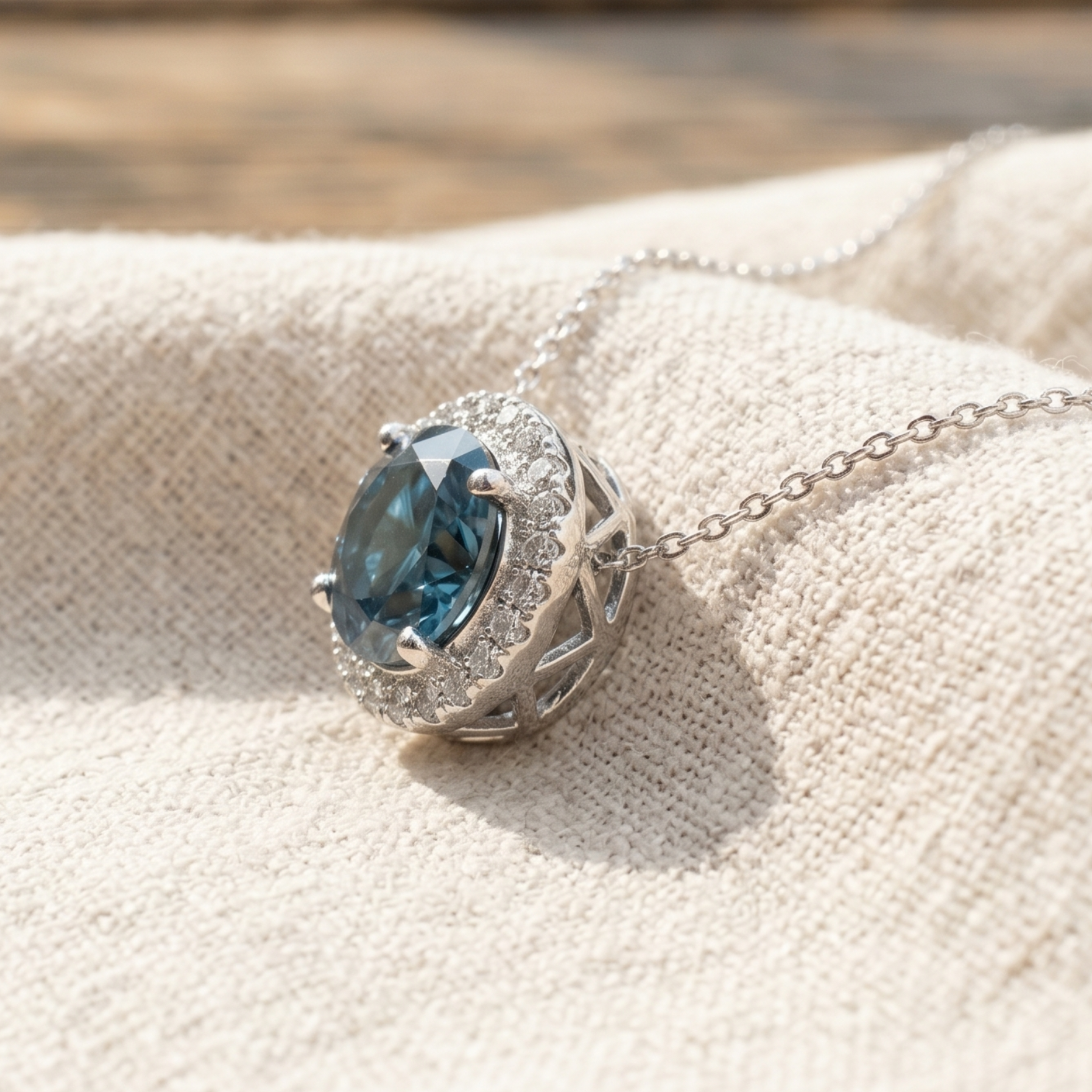 A silver-toned oval pendant necklace with a prominent blue gemstone and a halo of small clear stones, resting on a textured beige fabric surface.