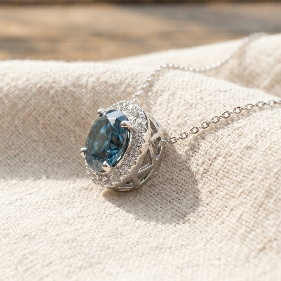 A silver-toned oval pendant necklace with a prominent blue gemstone and a halo of small clear stones, resting on a textured beige fabric surface.