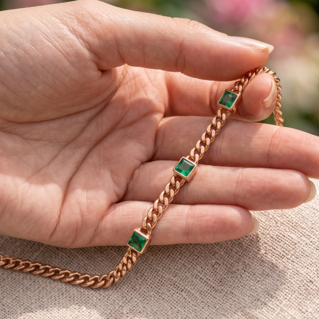 Kiashaa Jewellery 2.047 CTW green princess-cut Cuban bracelet in polished yellow gold.