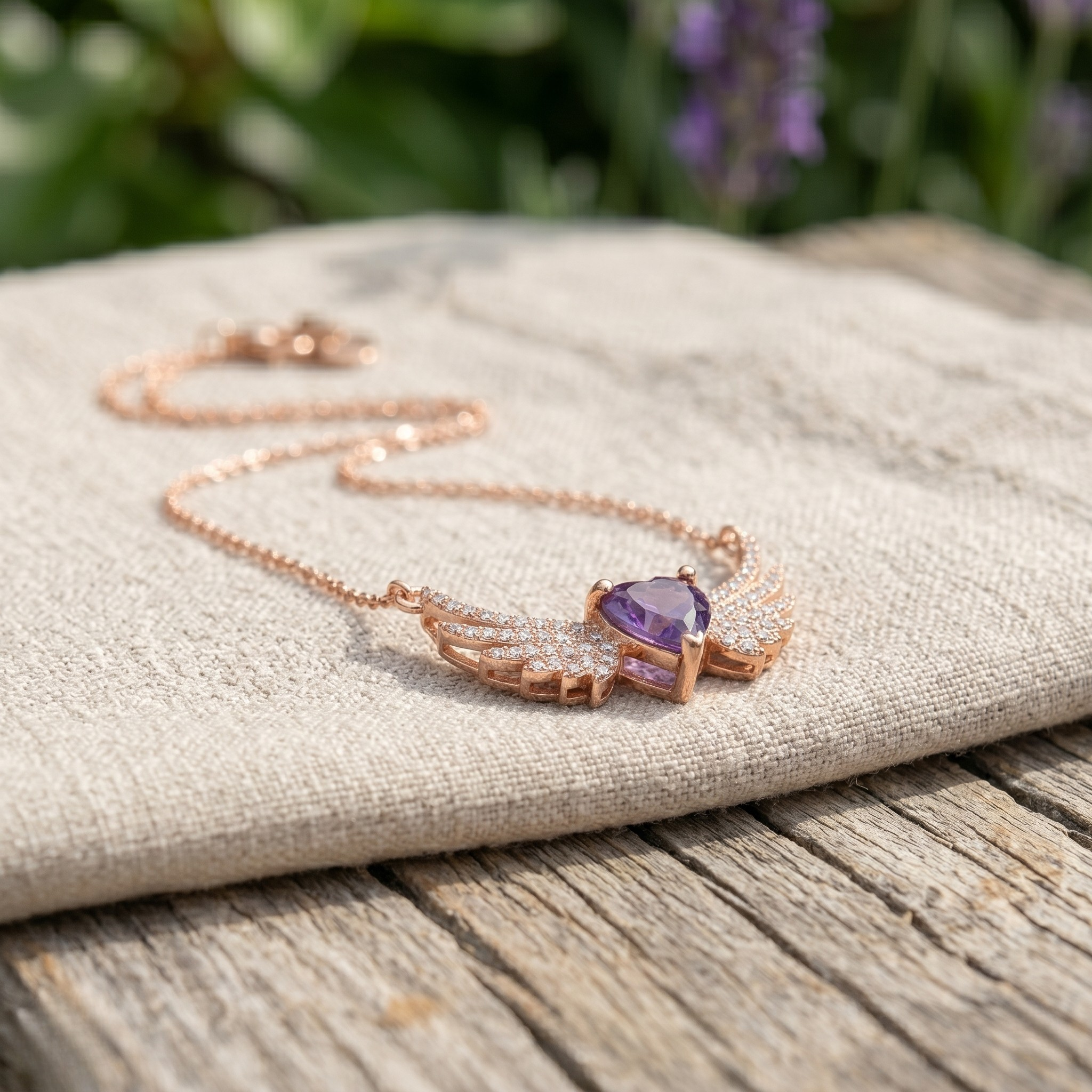 Purple heart gemstone angel wing pendant necklace in rose gold by Kiashaa Jewellery.
