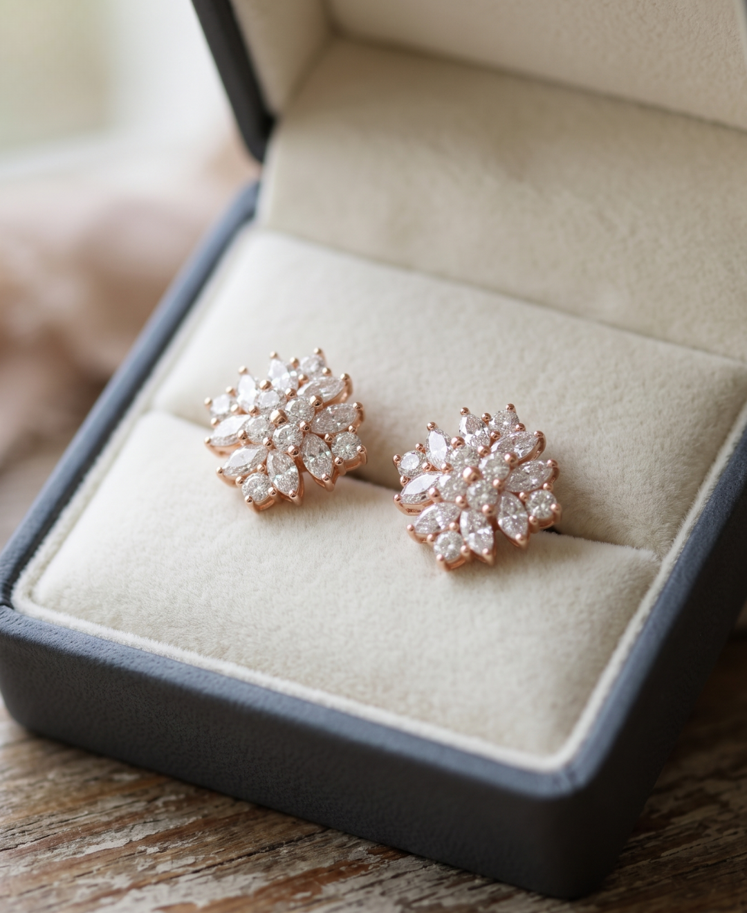 Front view of rose gold floral stud earrings with layered marquise and round lab-grown diamond clusters.
