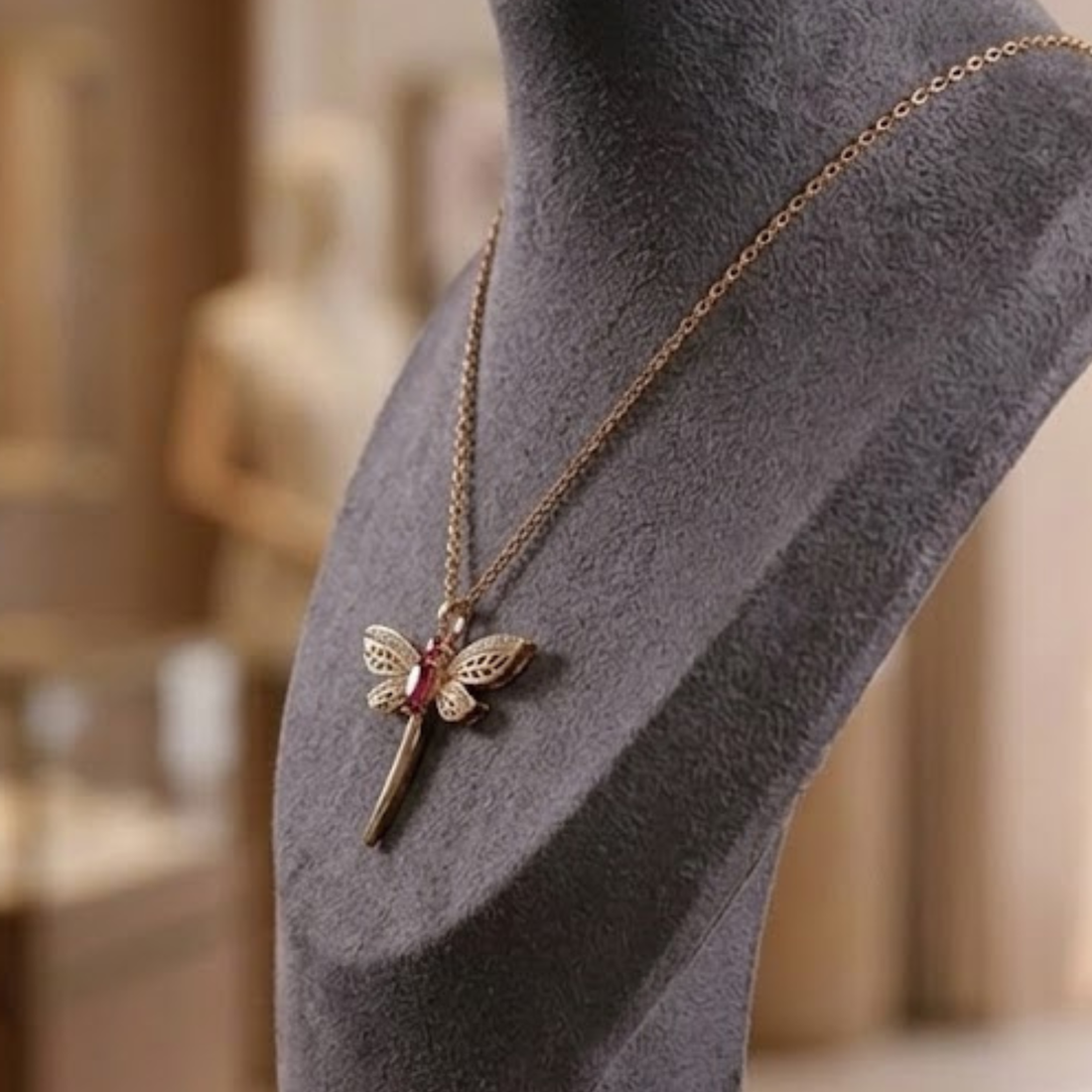 A gold dragonfly pendant necklace with a small red gemstone accent, displayed on a gray velvet jewelry bust.