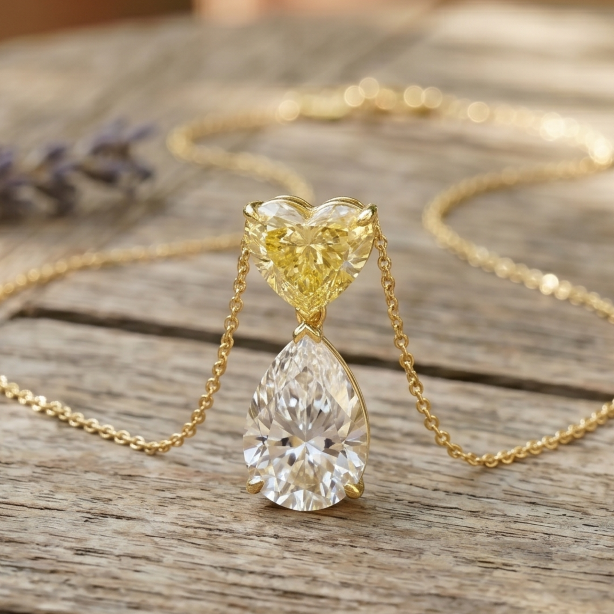A gold heart-shaped pendant necklace with a clear teardrop-shaped crystal drop, resting on a rustic wooden surface.