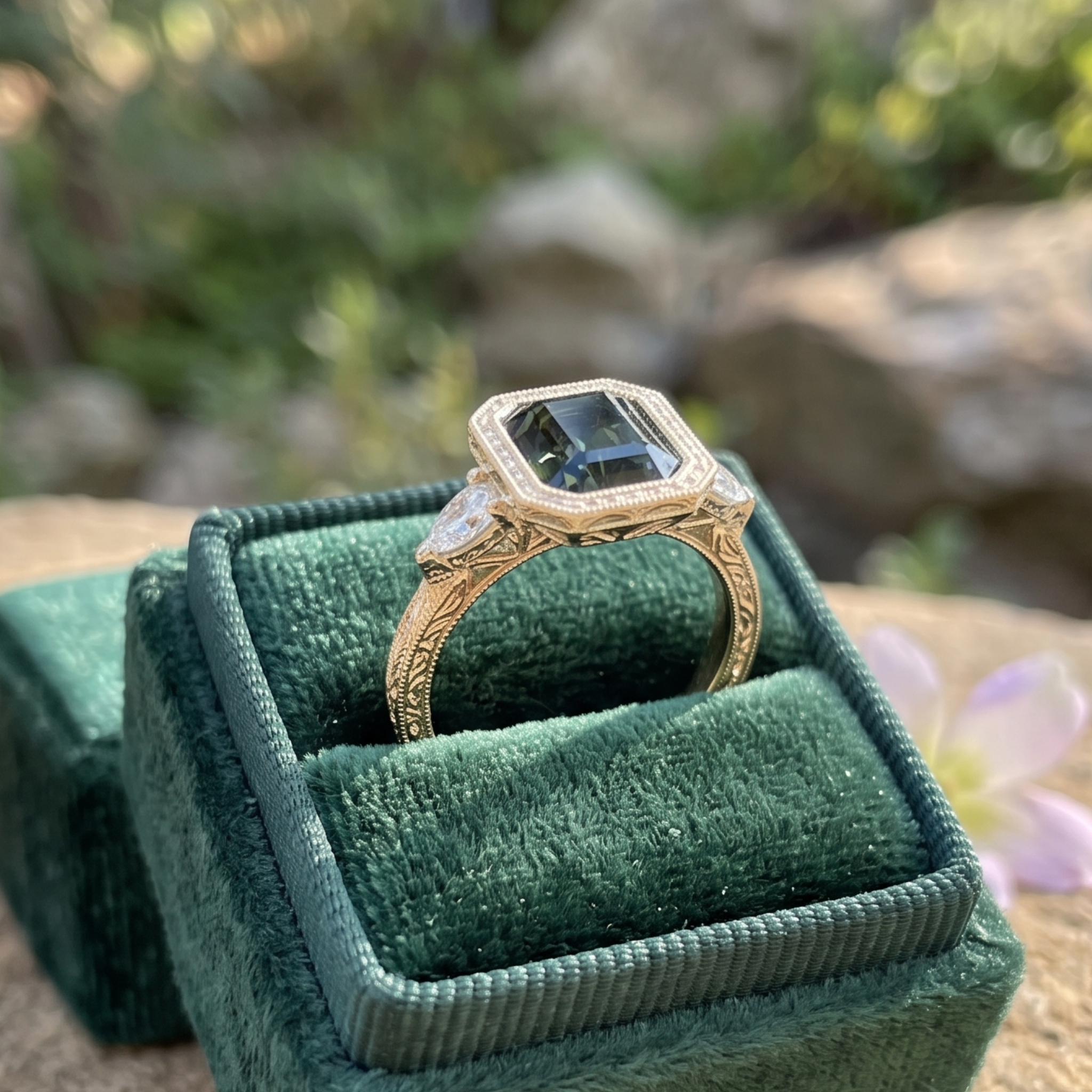 A gold ring with a large dark green rectangular gemstone and smaller side stones, displayed in an open dark green velvet ring box outdoors with a blurred natural background.