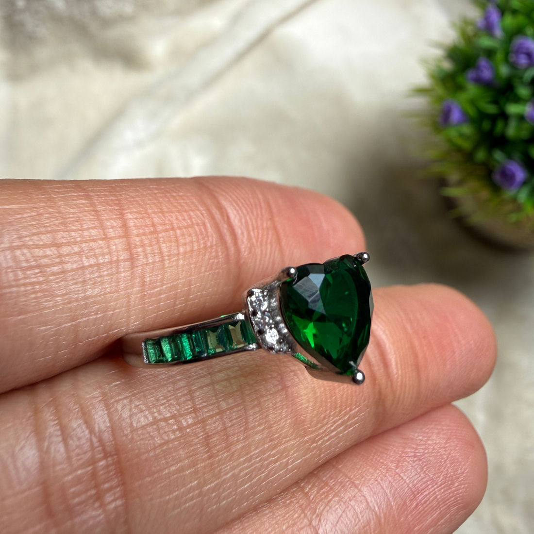 Green heart gemstone and lab-grown diamond ring in white gold by Kiashaa Jewellery.