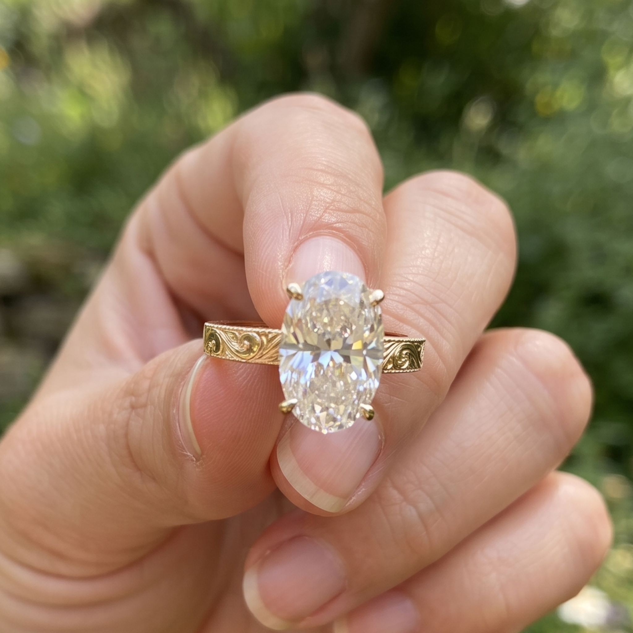 Vintage-Inspired 3 CT Oval Diamond Engraved Solitaire Ring in 14K & 18K Gold