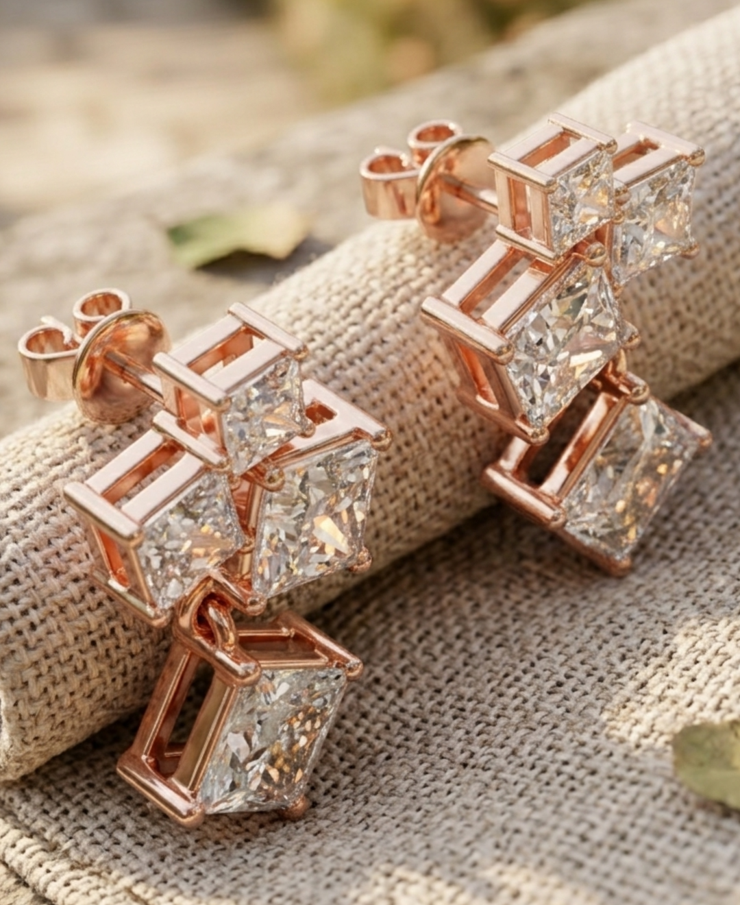 Close-up of geometric princess-cut lab-grown diamond earrings with polished rose gold prong settings.