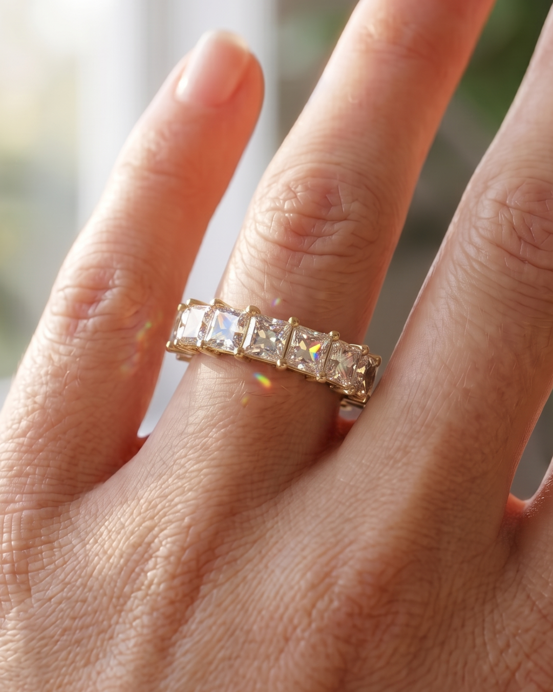 Luxury princess-cut lab-grown diamond ring by Kiashaa Jewellery in rose gold featuring an eternity band style.
