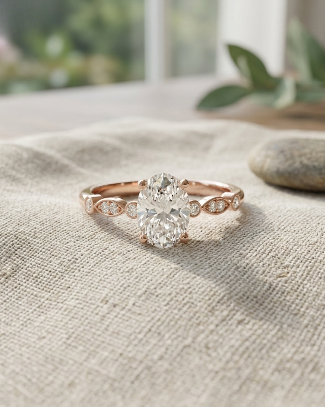 Close-up of an oval lab-grown diamond ring by Kiashaa Jewellery with a polished rose gold botanical-style band.