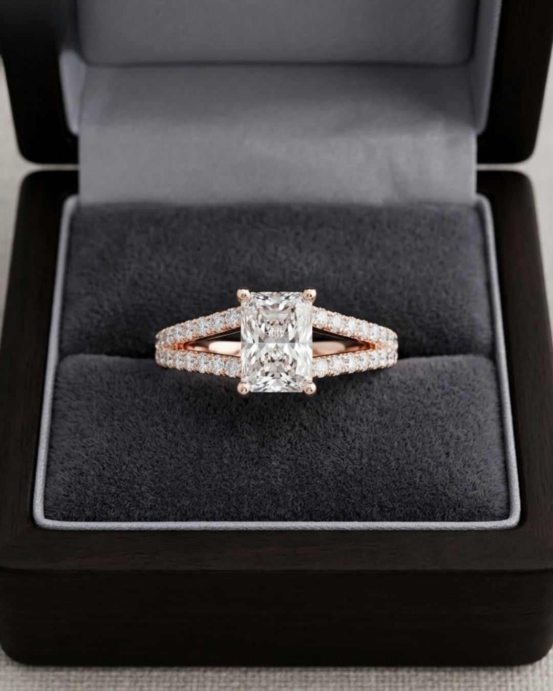 Close-up of a radiant lab-grown diamond ring by Kiashaa Jewellery with a polished rose gold split-shank band.