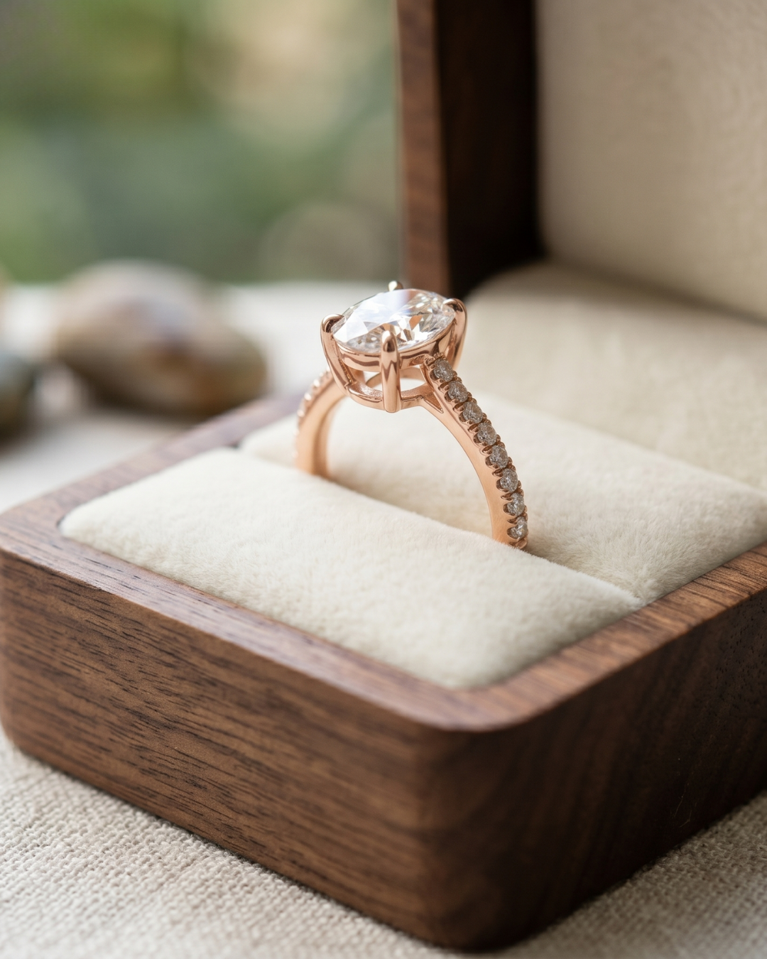 Close-up of an oval lab-grown diamond ring by Kiashaa Jewellery with a polished rose gold accent band.