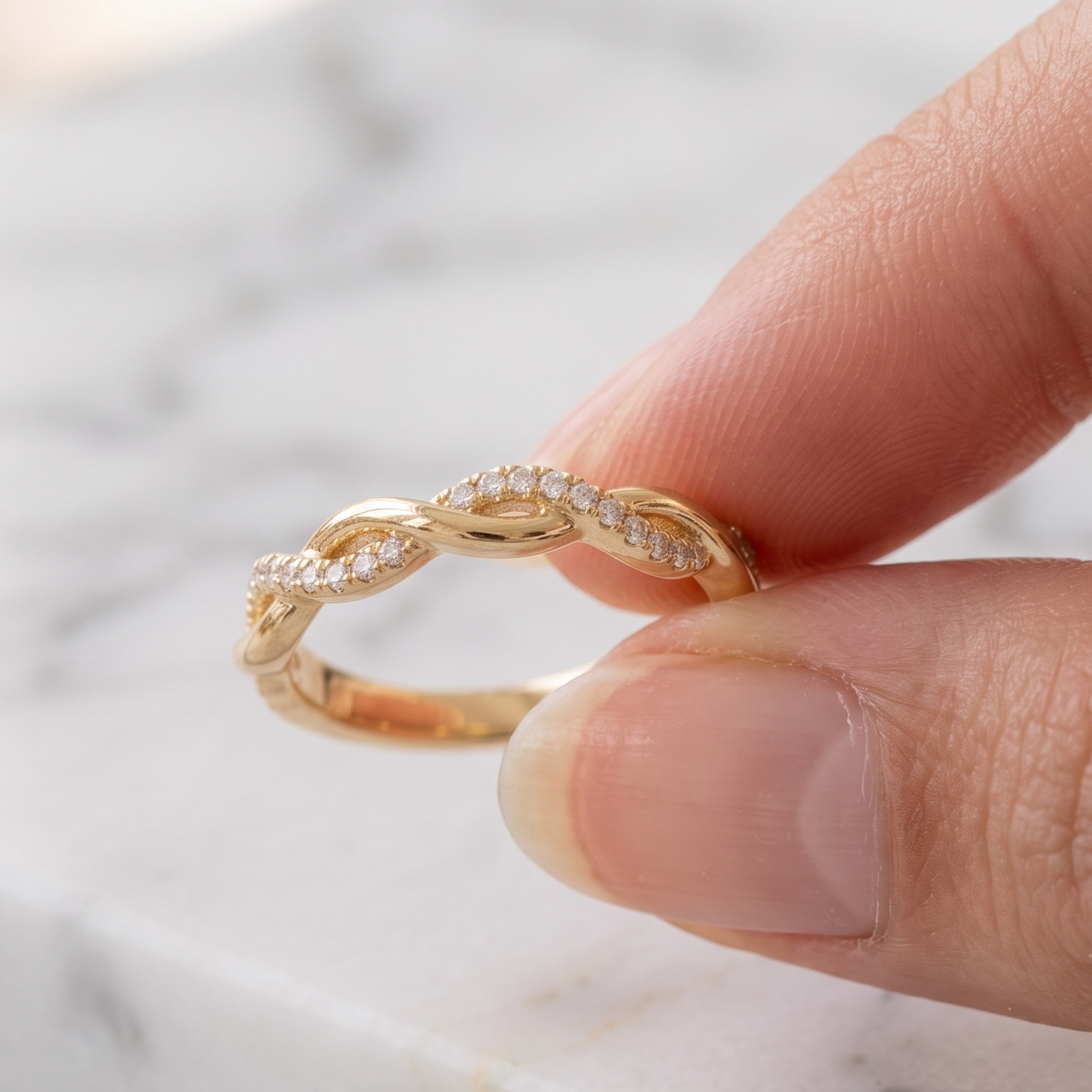 Elegant diamond anniversary band with polished gold twist