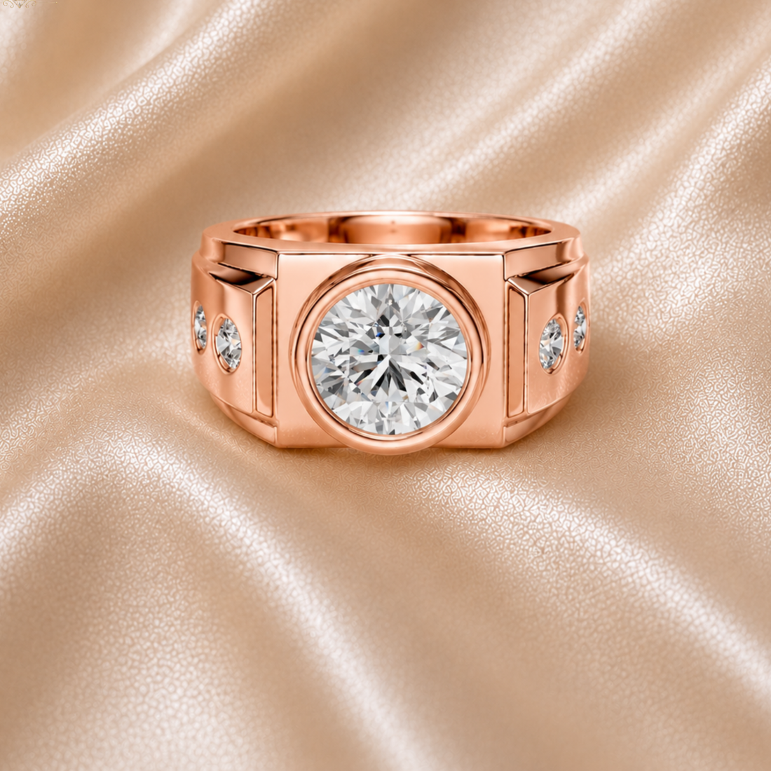 A rose gold ring with a large round-cut clear center stone and smaller side stones, displayed on a draped champagne satin fabric background.