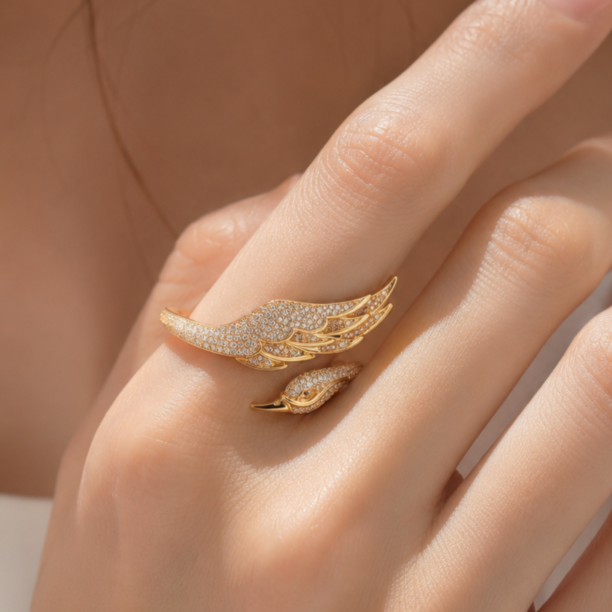 Celeste Swan Wing 2 CTW diamond open ring by Kiashaa Jewellery in rose gold with a bird-inspired wing and head design.