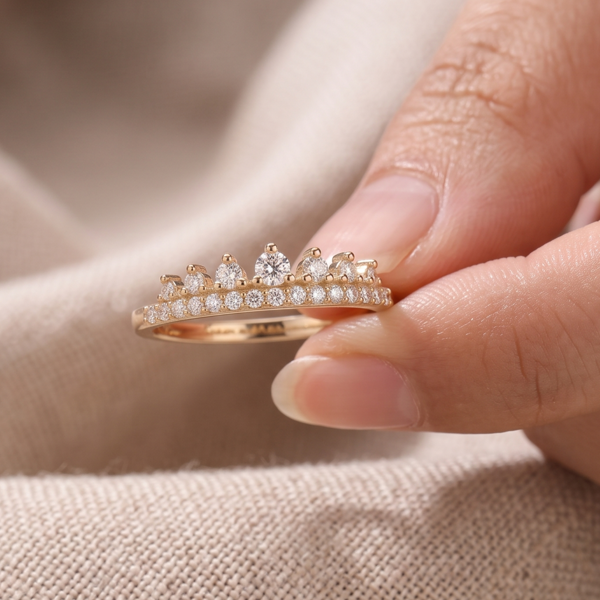 A close-up of a hand holding a delicate gold ring adorned with small clear stones and three larger pear-shaped center stones, set against soft beige fabric.