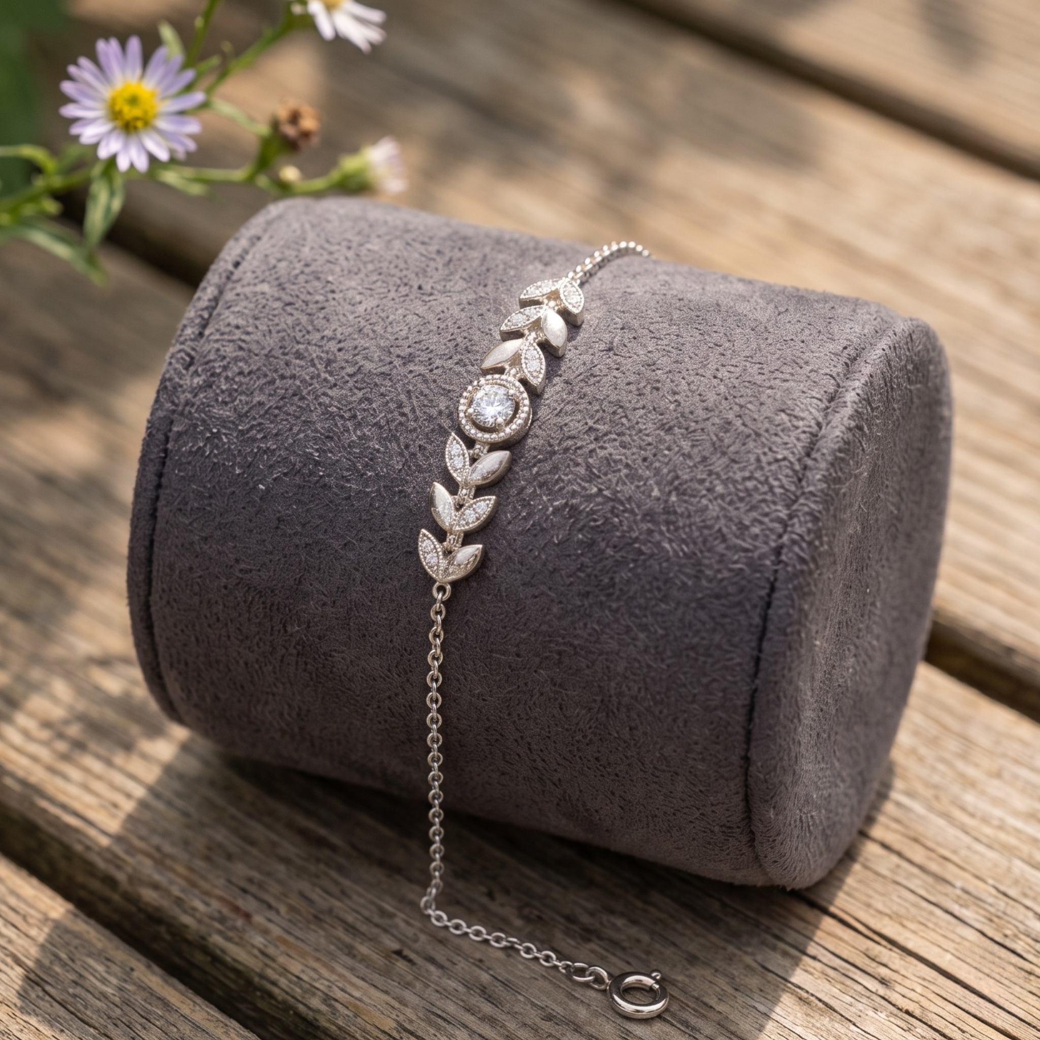 Botanical diamond bracelet featuring a 5.10 mm round center stone with leaf motifs.