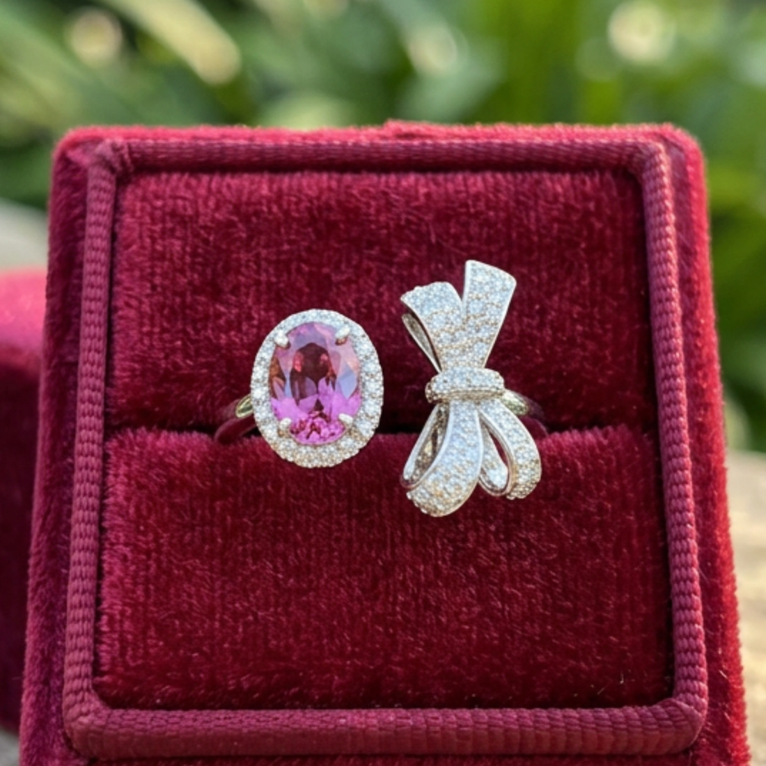Rosette Bow 3 CTW pink oval diamond open ring by Kiashaa Jewellery in white gold with a bow-inspired diamond design.