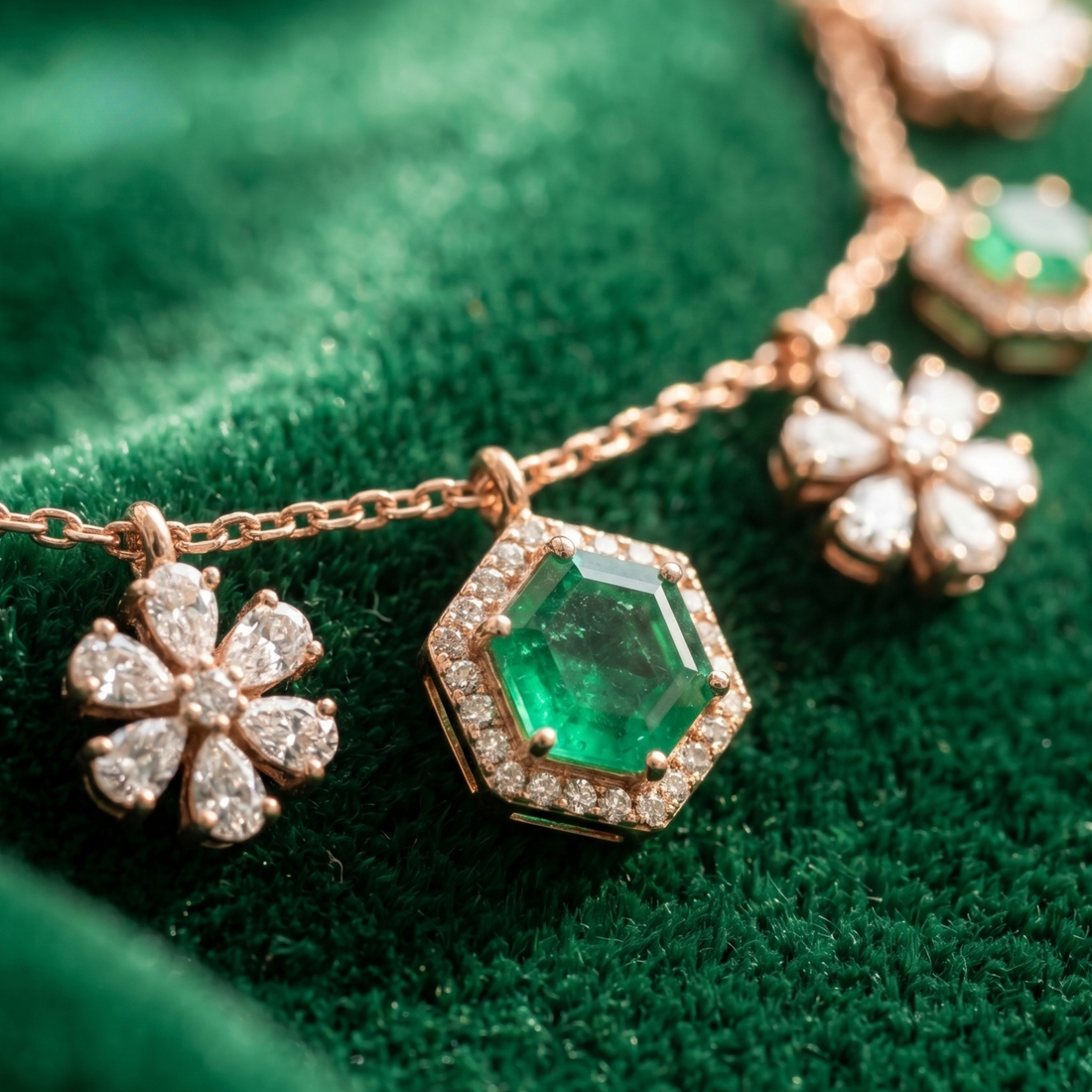 Verdant Bloom 5 CT Diamond & Green Gemstone Charm Necklace