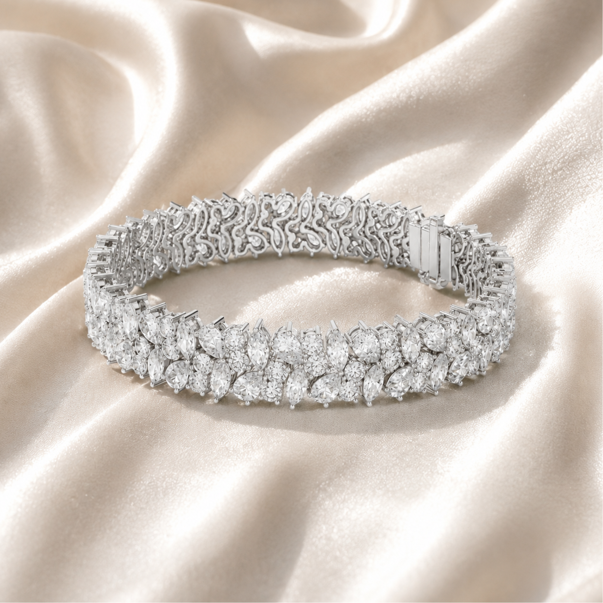 A diamond tennis bracelet with a textured pavé band and a central rectangular baguette accent, displayed on draped champagne satin fabric.
