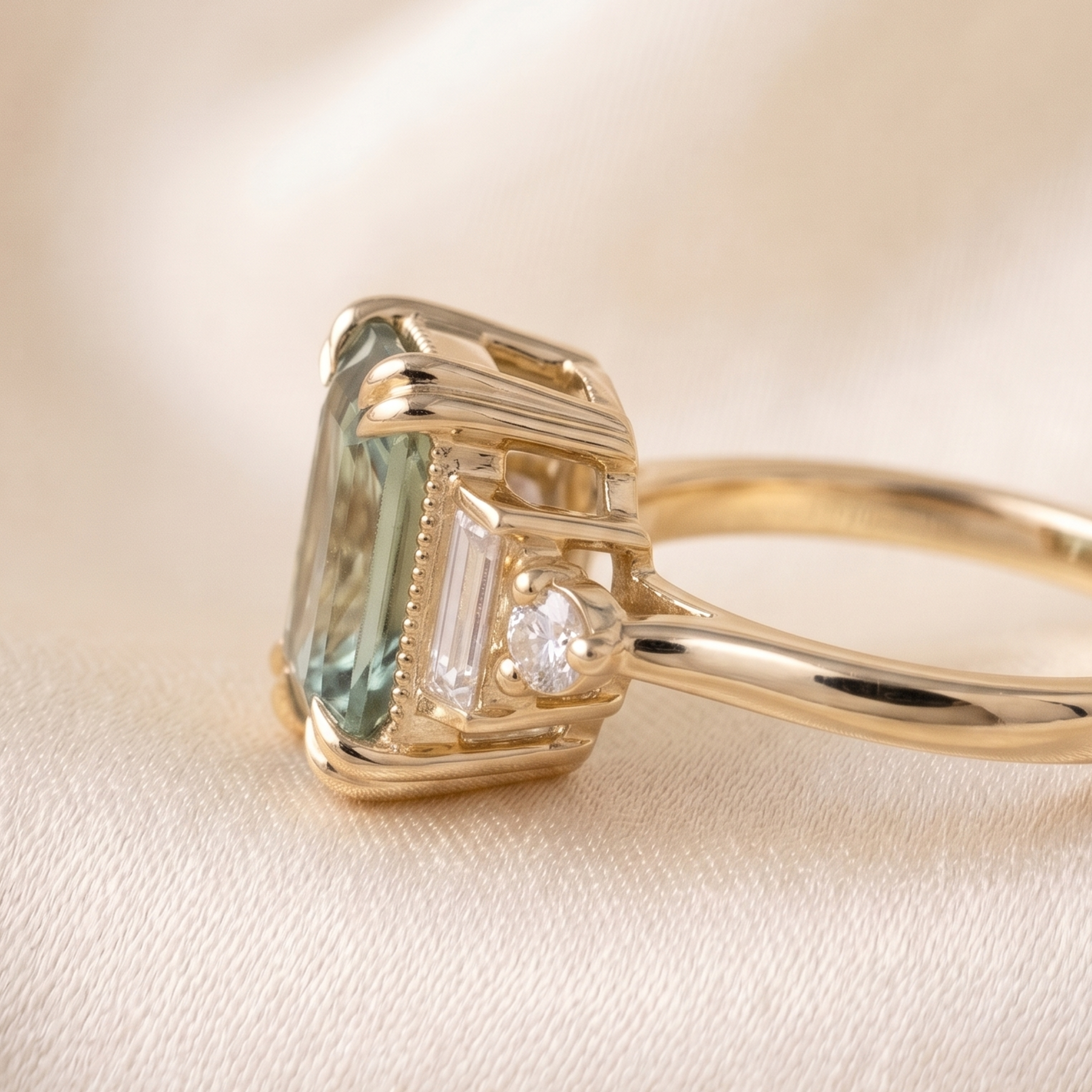 Green center ring with two emerald-cut and two round side diamonds