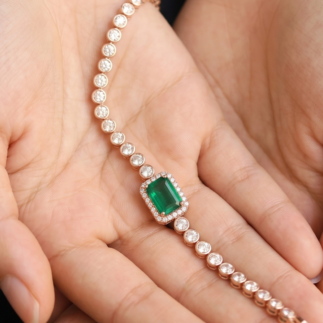 5.00 CT green gemstone and diamond tennis bracelet in yellow gold by Kiashaa Jewellery.