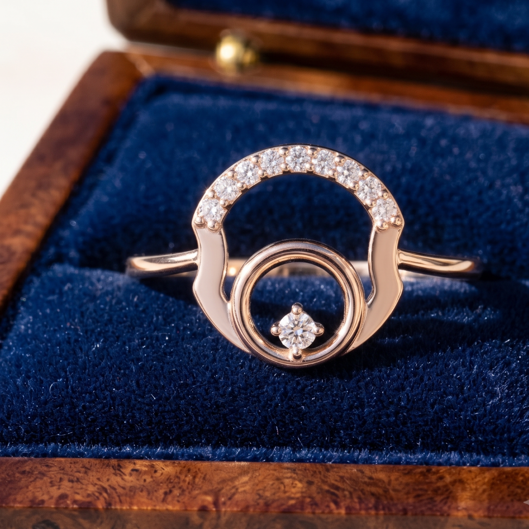 A rose gold ring with a double-ring design and a small central diamond, displayed inside an open wooden box with a blue velvet lining.
