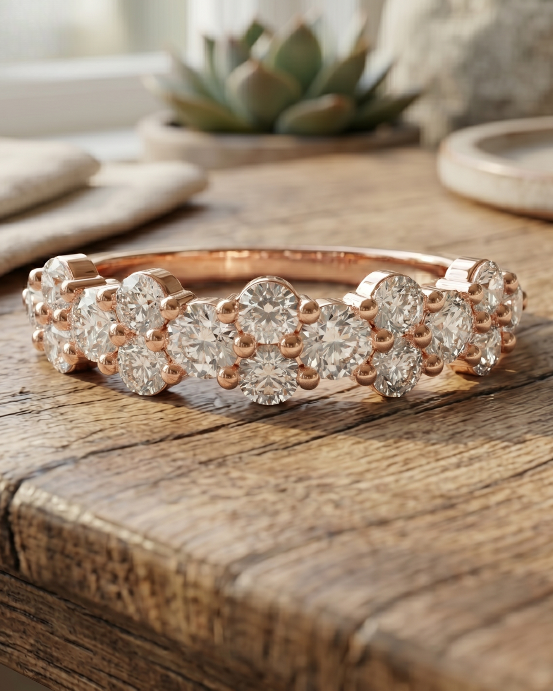 Ladies round diamond cluster band by Kiashaa Jewellery in rose gold for stacking, gifting, and everyday luxury.
