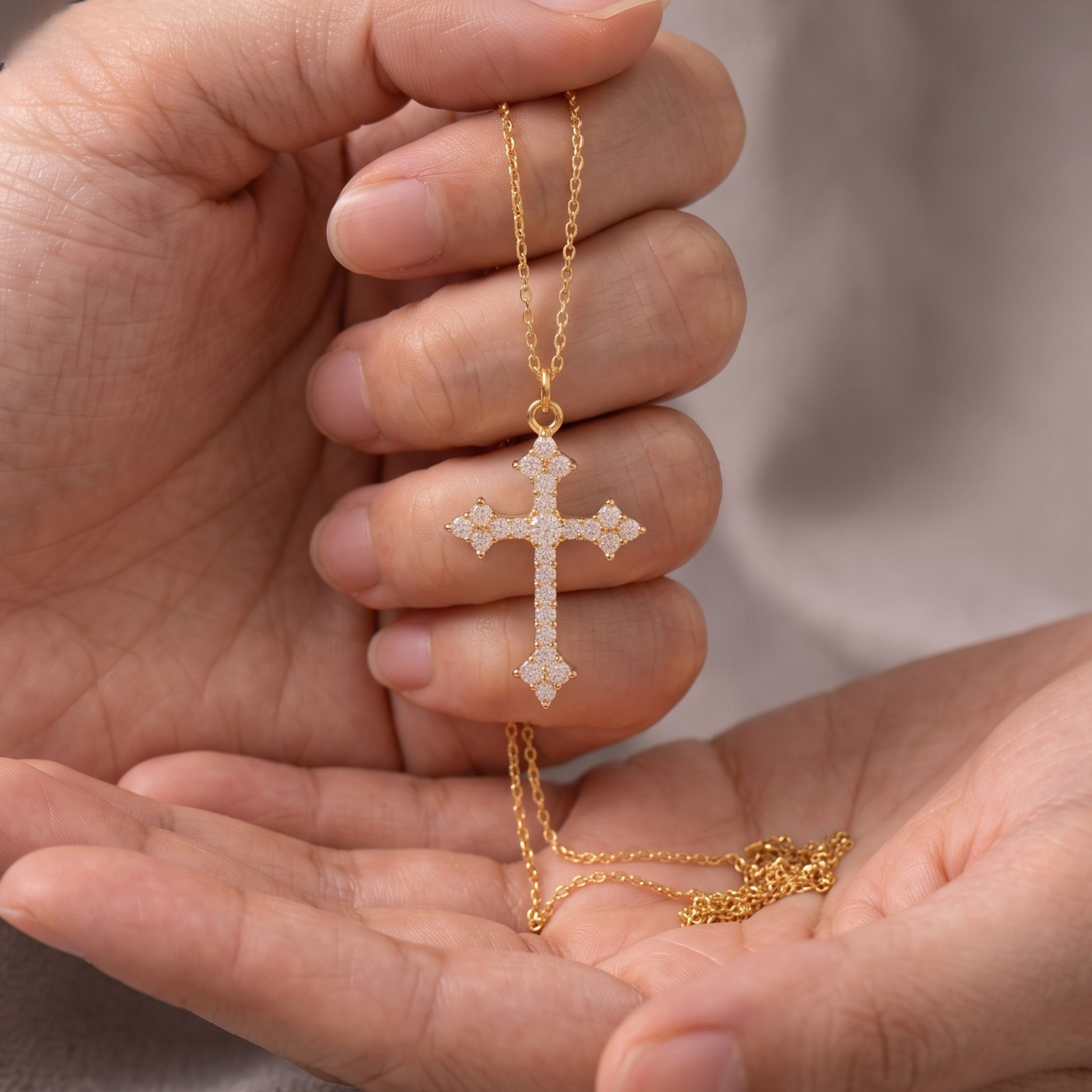 Faith-inspired cross pendant featuring 1.80 mm and 1.60 mm round diamonds.